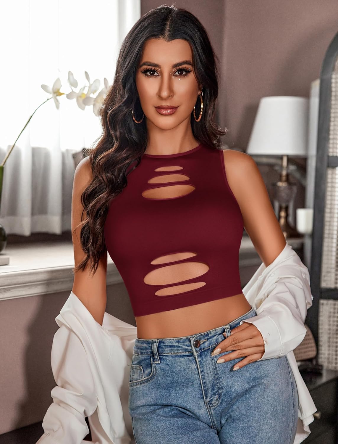 Avidlove Fishnet Top for Women Sexy Cut Out Crop Short Hollow Out Cropped Tank Top - Image 5