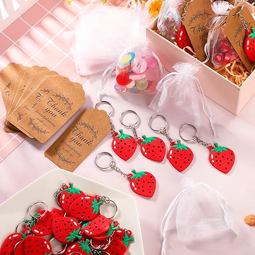 Miniatura 4 de Jadive Llaveros de fresa, regalos de fiesta de baby shower, fruta y fresa, llaveros para invitados, bolsa de regalo blanca, etiquetas de