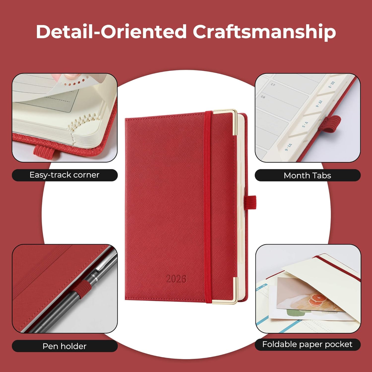 Daily Planner 2026 with One Page Per Day,(A5-8.5" x 5.9"),12 Months Calendar Hourly Appointment Book Monthly Tabs & Self-adhesive Pen Holder,Inner Pocket, Vegan Leather Hardback,Red