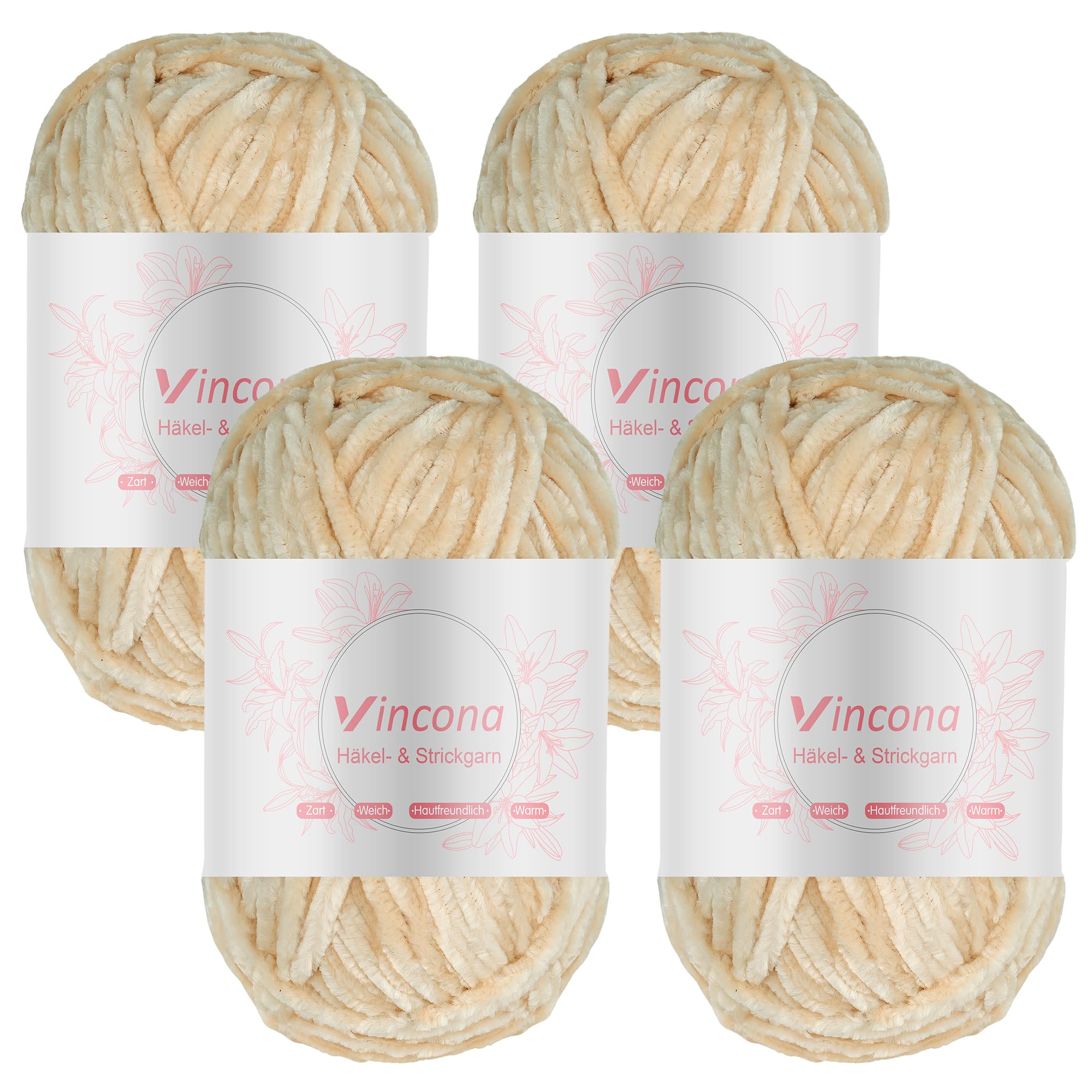 Vincona 4 x 100g Chenille Wolle zum Häkeln - Kuschelig und hautfreundlich，Garn zum Stricken und Häkeln
