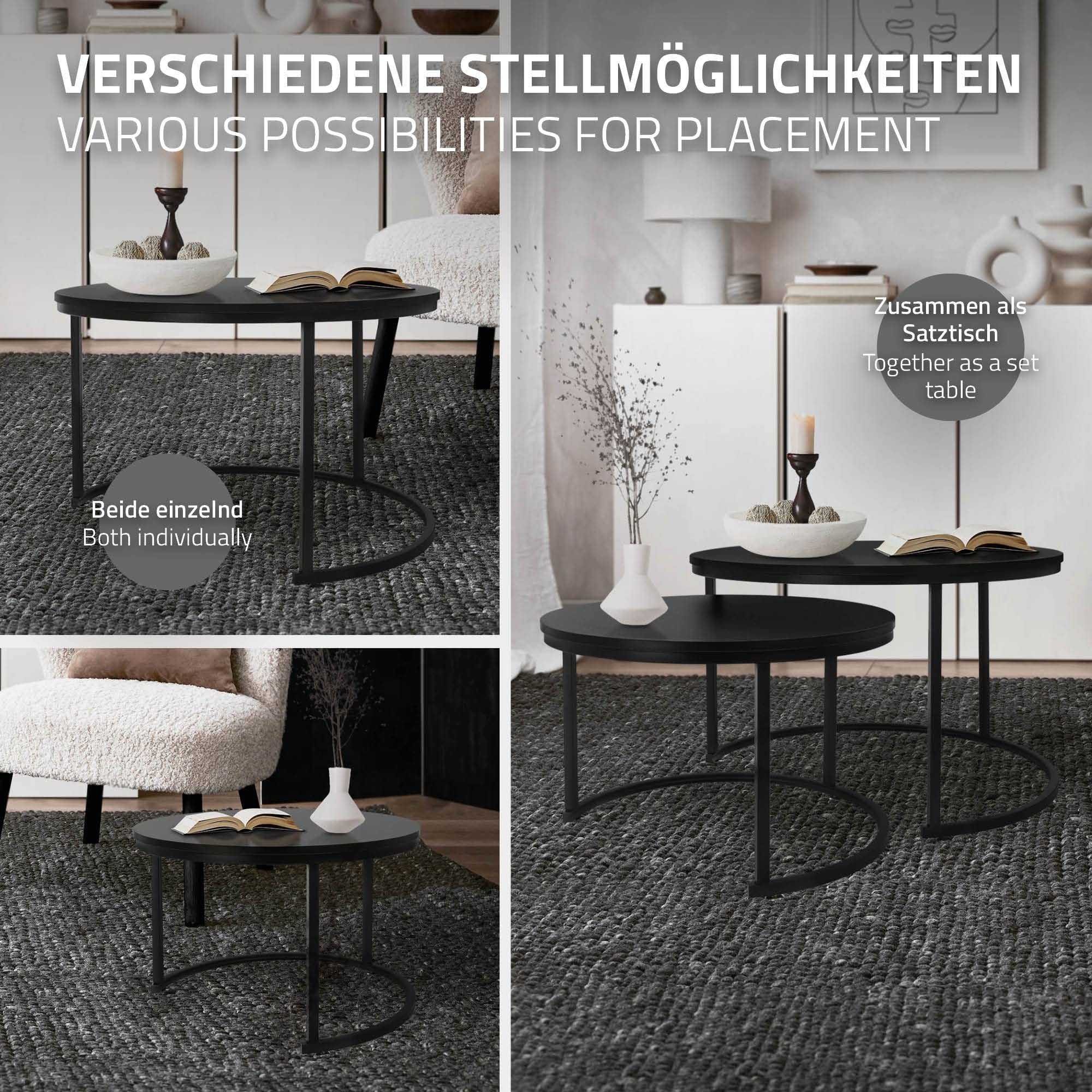 ML-Design Set di 2 Tavolini da Caffè Salotto Soggiorno Divano Sovrapponibili Rotondi Ø 59x40 cm/Ø 74x48 cm Tavoli d'Appoggio Impilabili in MDF e Struttura Telaio in Metallo Nero Design Moderno
