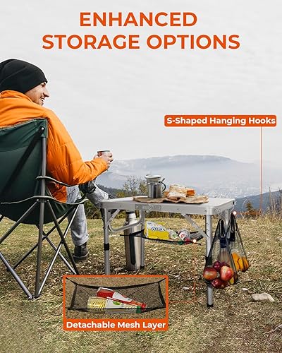 Miniatura 8 de Sportneer Camping Table, Adjustable Height Small Folding Table with Mesh Layer Portable Camp Tables with Aluminum Legs for Outdoor Camp Picnic Beach
