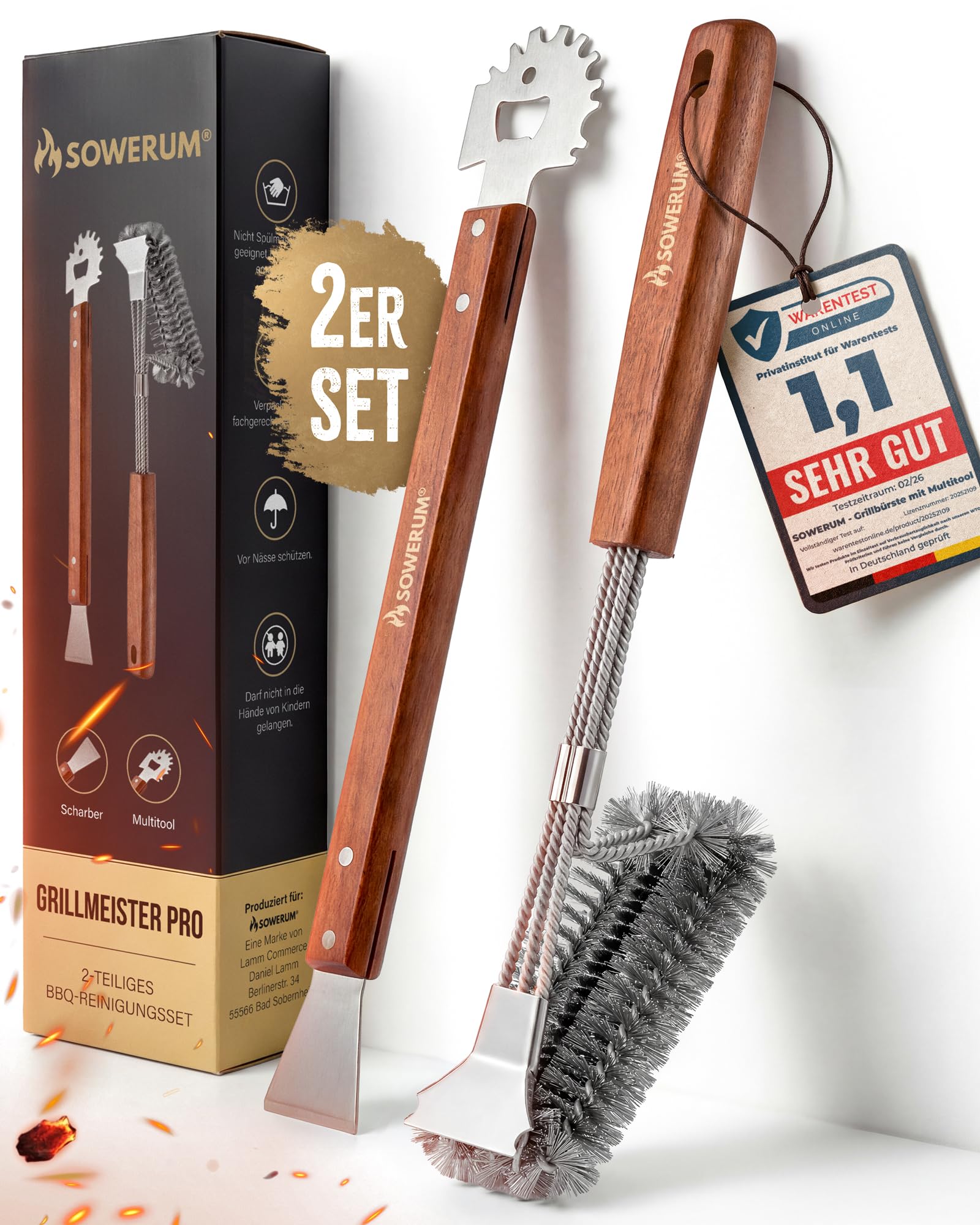 Edelstahl Grillbürste mit Grill Schaber [PROFIQUALITÄT ] 2er Set Grill Zubehör Gasgrill Reiniger Drahtbürste Grillreiniger Bürste Grillrost Grillen Reinigungsset Gussrost Grillspachtel Plancha Gadget