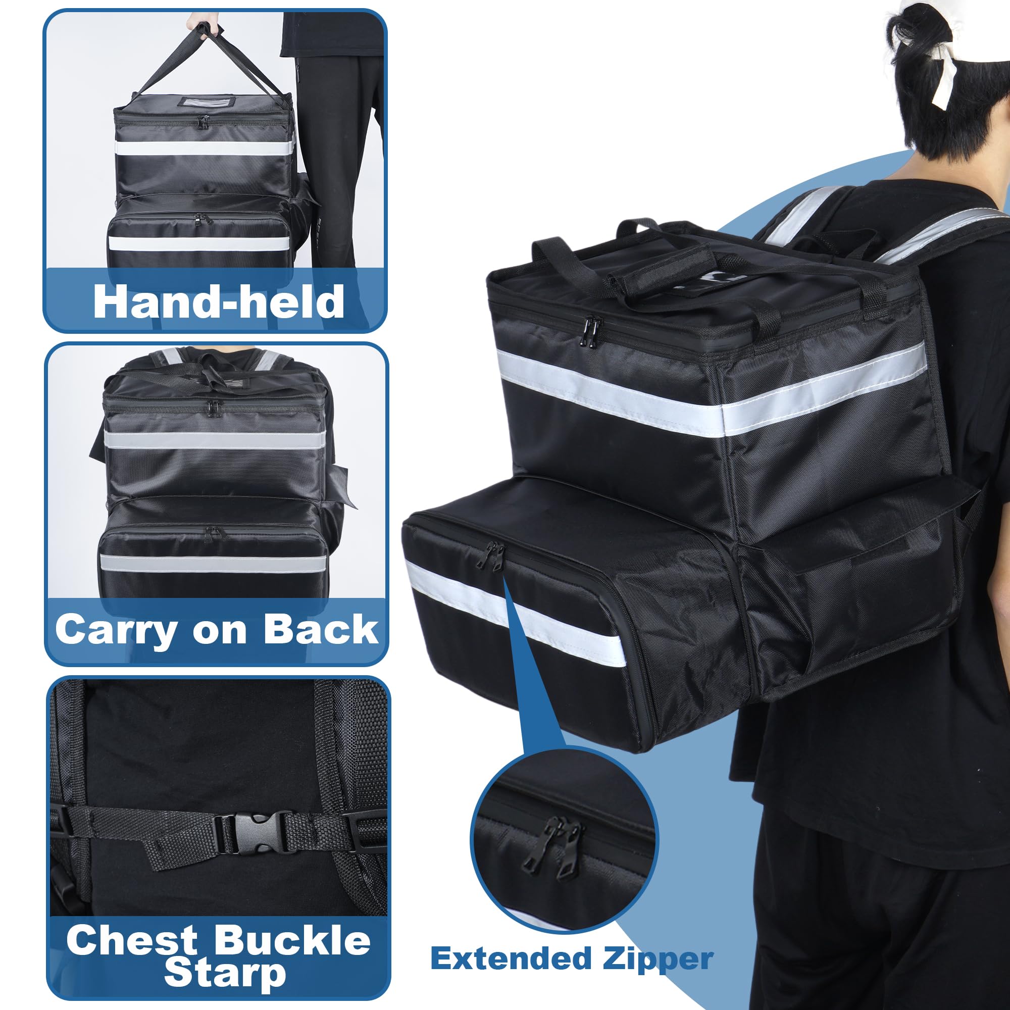 aleawol Mochila de entrega de pizza de 46 L, expandible, aislada, para bicicleta, con 2 tablas de apoyo, bolsa impermeable para entrega de alimentos con tira reflectante para llevar alimentos fríos o