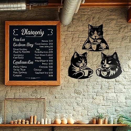Miniatura 4 de Kathfly 3 piezas retro de metal negro gato decoración de pared con temática de café arte de pared gato bebida café carteles café bar decoración