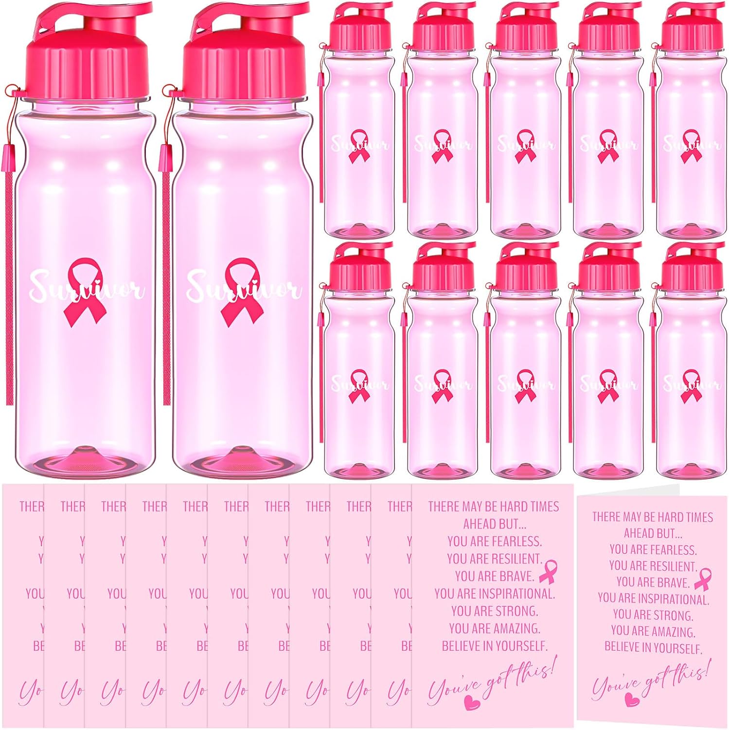 Meanplan 24 Pcs Breast Cancer Survivors Gifts Includes 17oz Plastic Water Bottles Pink Ribbon and Inspirational Gift Cards Bulk Breast Cancer Awareness Set for Woman Patient Accessories Sport Event