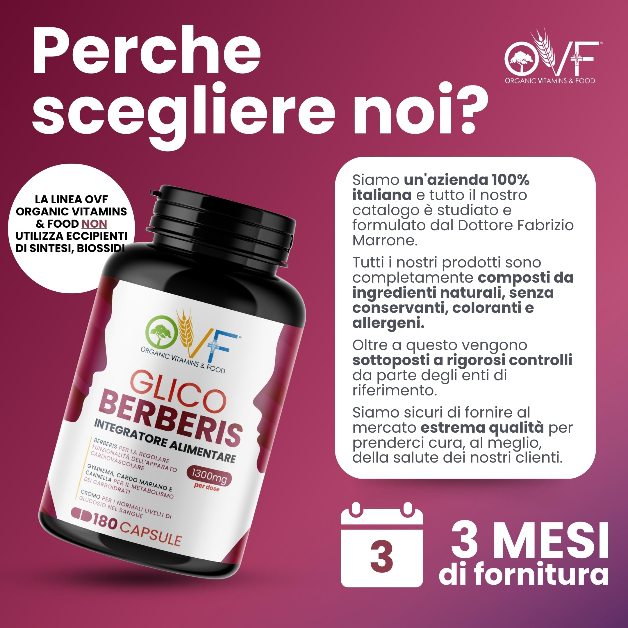 OVF Glico Berberis 180 cps Integratore Alimentare con Berberina, Acido Alfa Lipoico, Gymnema, Cardo Mariano, Cromo e Cannella Supporta Metabolismo e Favorisce la Funzionalità Cardiovascolare