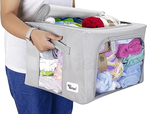 Miniatura 5 de Periea Cajas de almacenamiento de tela Oxford con marco de acero, debajo de la cama o en el armario, paquete de 2 organizadores grandes (gris)