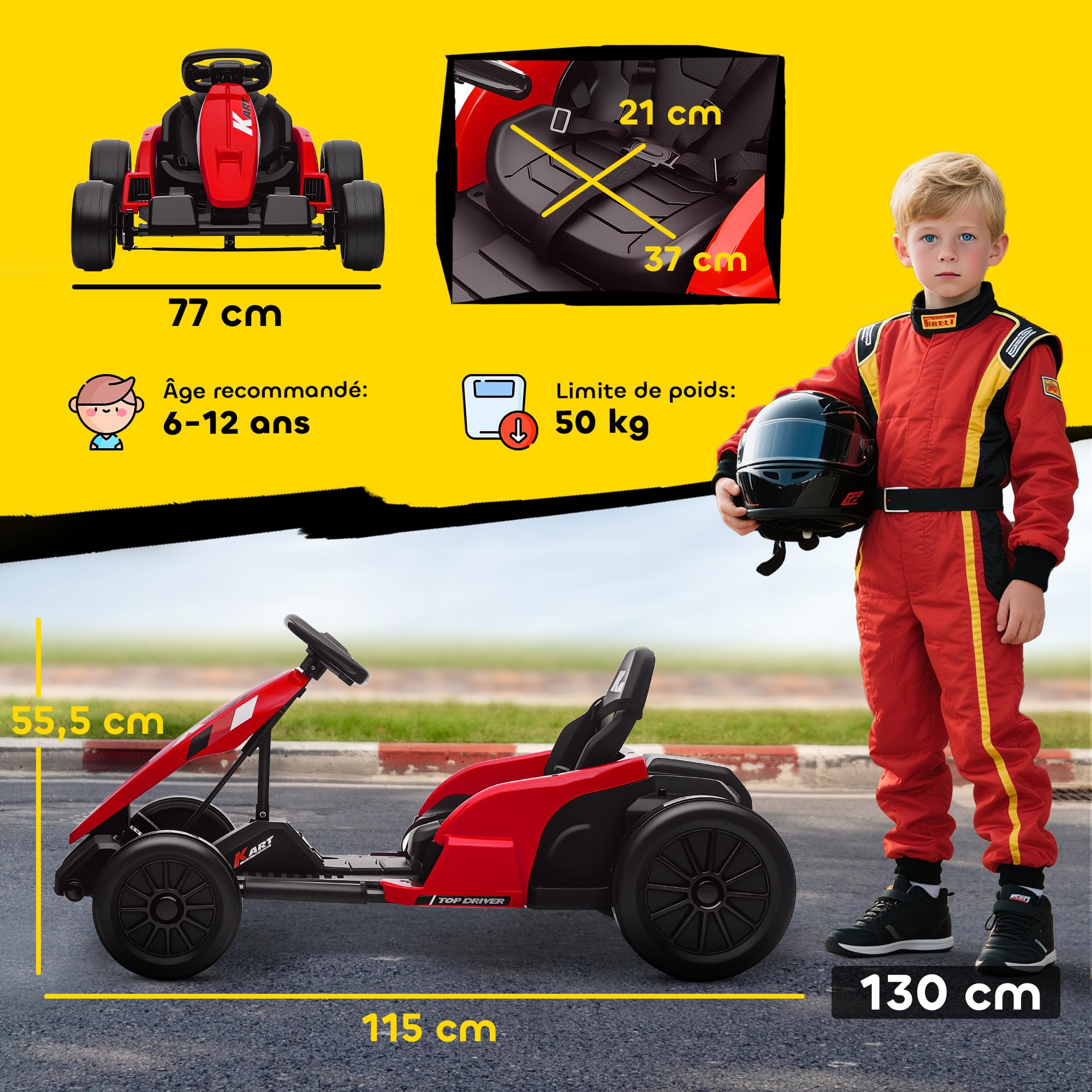 AIYAPLAY, Kart Électrique pour Enfants 24 V, Go Kart, Mode Drift, Rouge | Batterie 24V, Siège Réglable, Moteur 2x150W, Démarrage Progressif, Vitesses 6-18km/h, Harnais de Sécurité, Musique, 6-12 ans