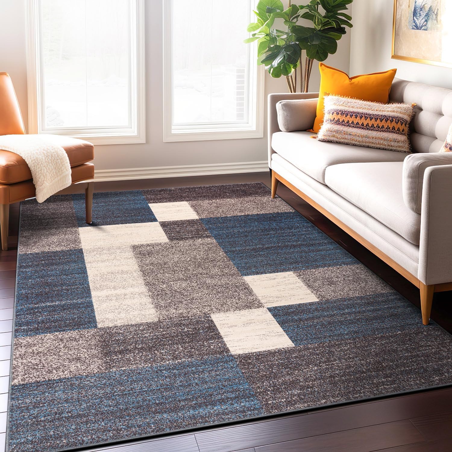 Rugshop Modern Boxes Design Non-Slip (Non-Skid) Area Rug 8 x 10 (7' 10" x 10') Blue