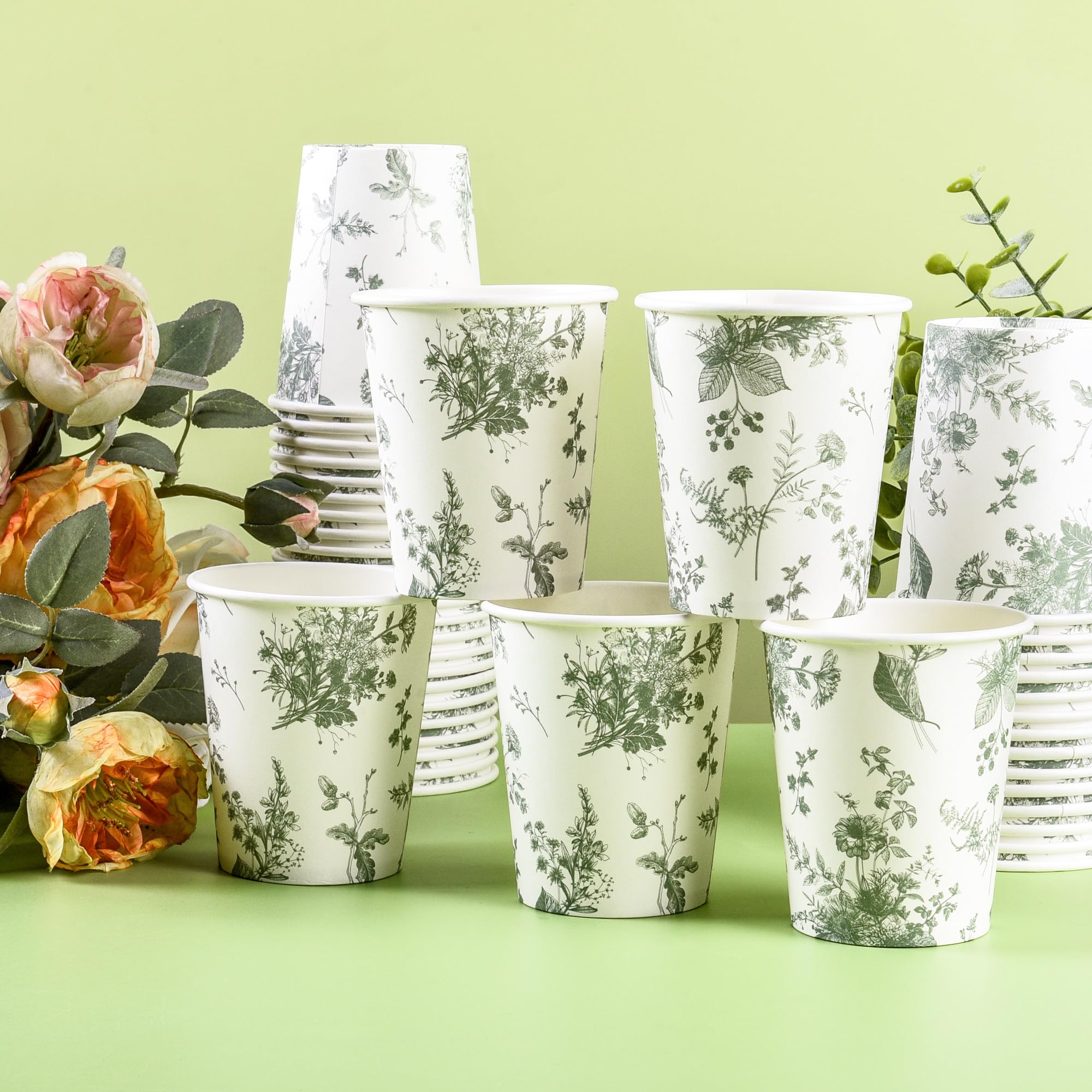 100 vasos de papel florales de color blanco salvia y flores verdes para fiestas, vasos desechables de 9 onzas para bebidas frías y calientes, suministros de fiesta de cumpleaños, baby shower