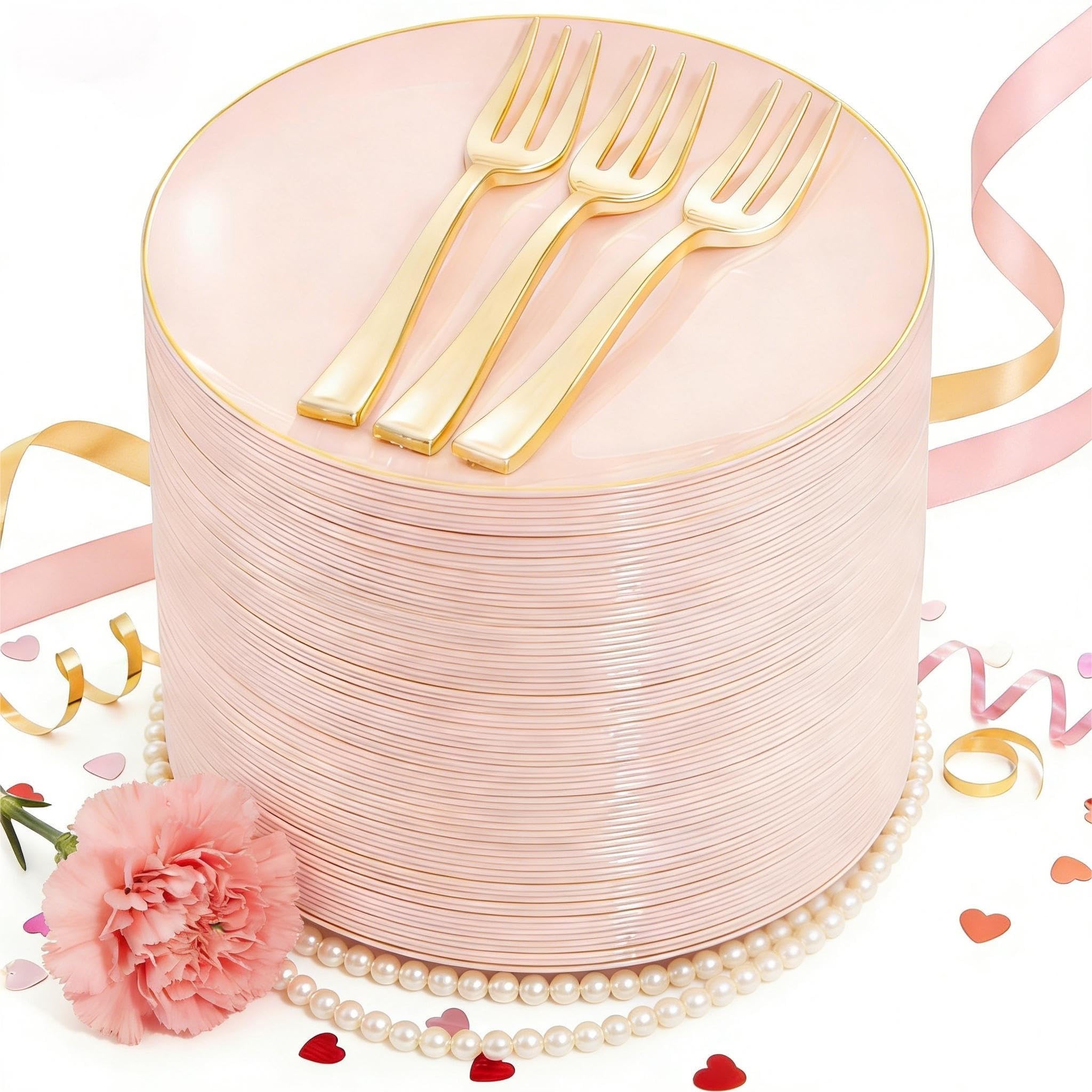 Photo 1 of ***STOCK PHOTO IS A DIFFERENT COLOR*** Festiva 200Pc Pink Gold Cake Plates with Forks