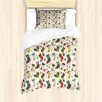 Ambesonne Christmas Duvet Cover Set, Whimsical Colorful Xmas Stockings Falling Snowflakes Illustration, Decorative 2 Piece Bedding Set with 1 Pillow Sham, Twin Size, Dark Coral Teal Blue Grey