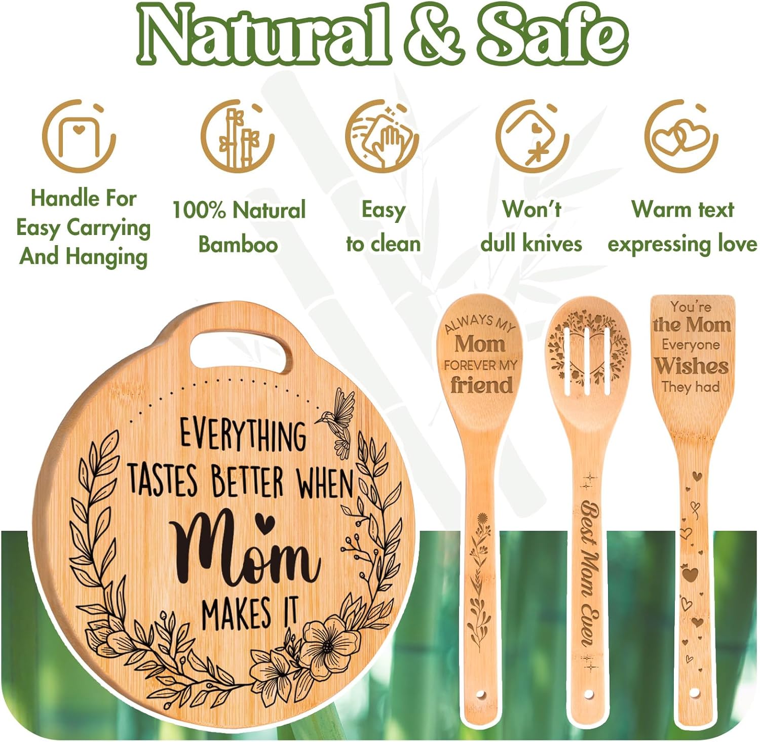 Birthday Gifts for Mom - Cute Engraved Bamboo Cutting Board Set, Perfect Mom Birthday Gifts from Daughter/Son, Mothers Day Christmas Birthday Gifts for Mom Mother, Home and Kitchen Decor - Image 5