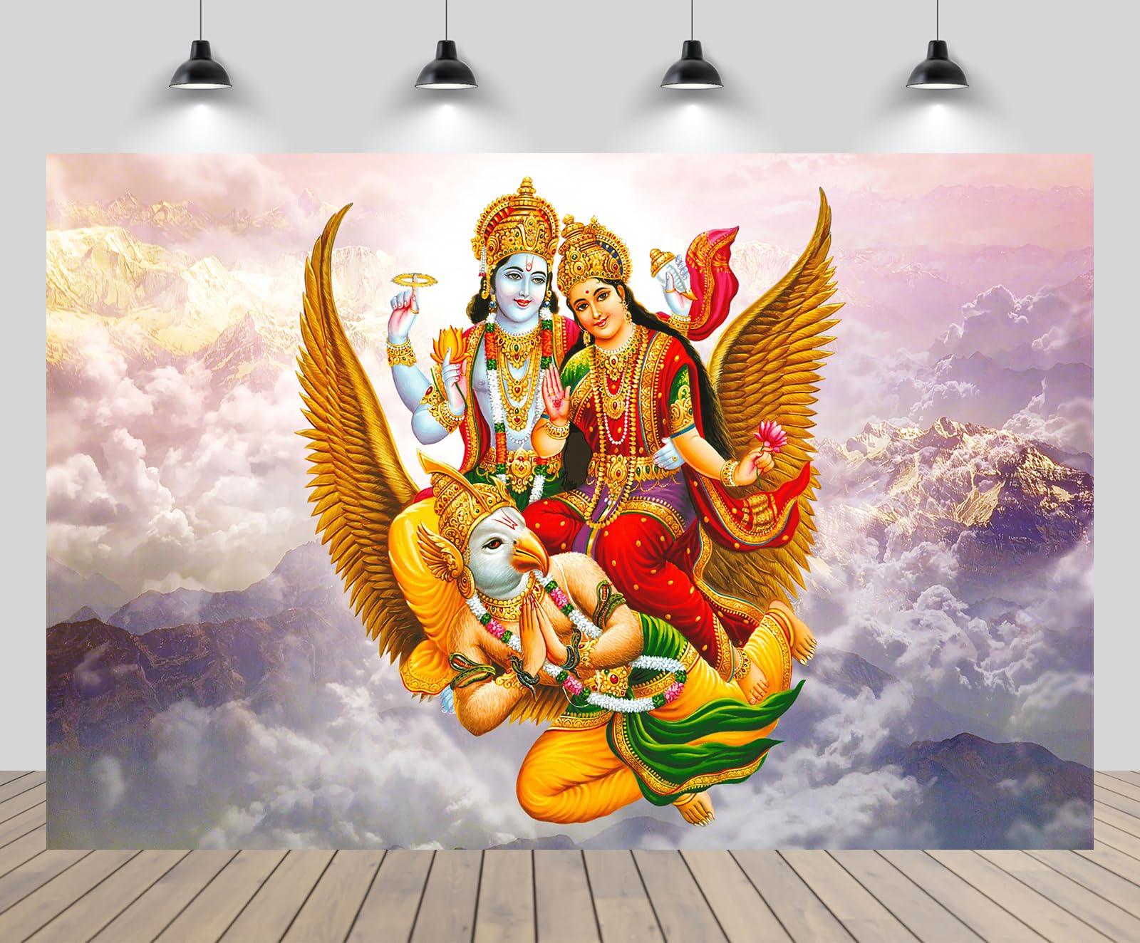 CHNYWORK 7x5ft Indian Hindu God Backdrop Indian Lord Vishnu and Lakshmi Hindu God in The Sky Clouds Scenery Background Ganesha Indian Festival Party
