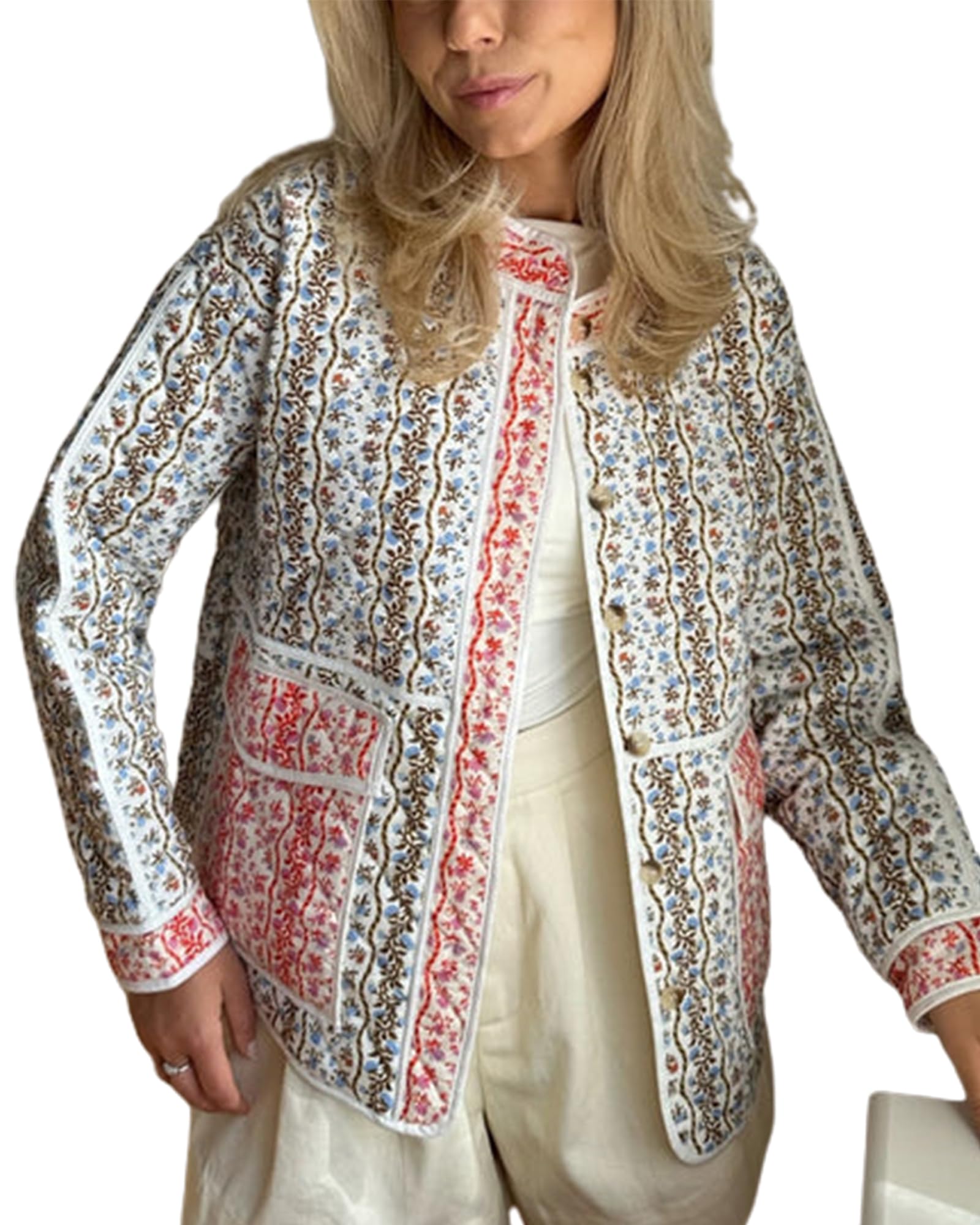 acrawnni Women's Cropped Puffer Jacket Floral Print Padded Quilted Coat Long Sleeve Lightweight Vintage Open Front Padded Cardigan Coat Outerwear-picture-27