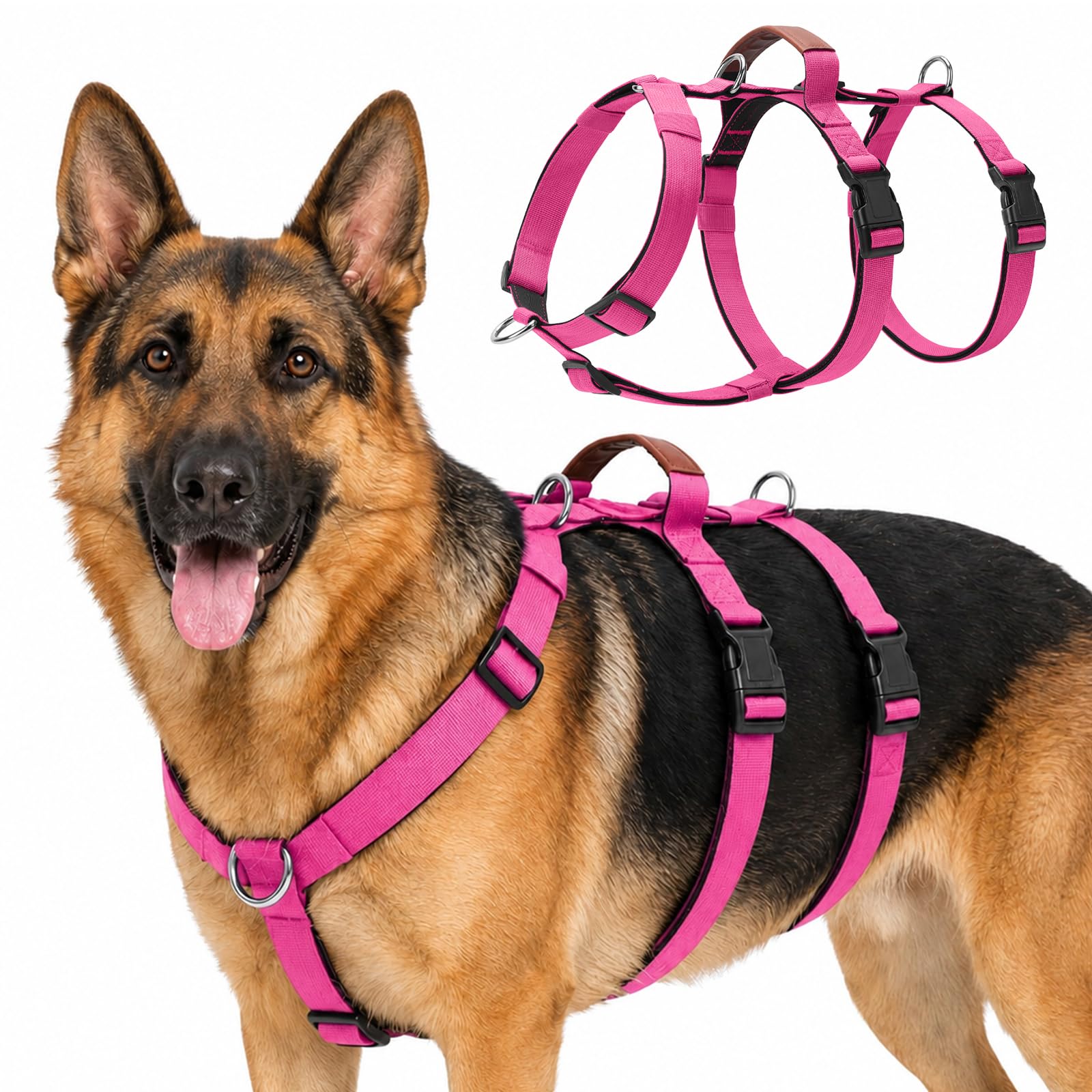 Escape Proof Dog Harness, Adjustable Lightweight Breathable Dog Harness with Easy Control Handle, Anti Pull No Choke Soft Padded Vest Harness for Medium Large Dogs Walking Training (Rose Red, XL)