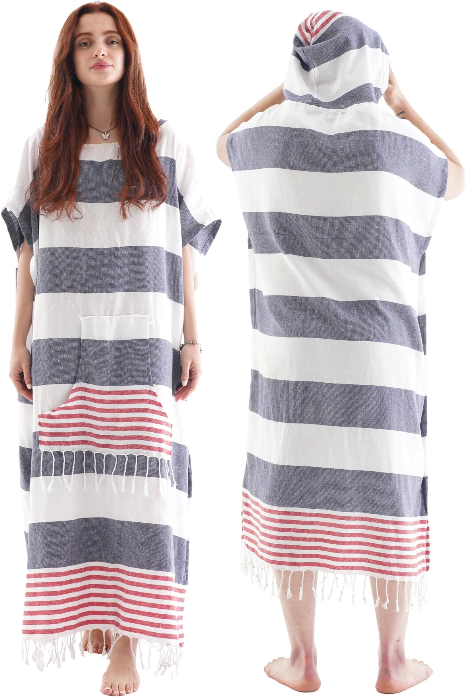 Surf Poncho Changing Towel Robe with Hood, Changing Robe for Women & Men,100% Turkish Towel Poncho Adult Type, Swim Robe, Beach Towels for Adults, Towel Dress, Swim Parka, Towel Poncho & Pouch