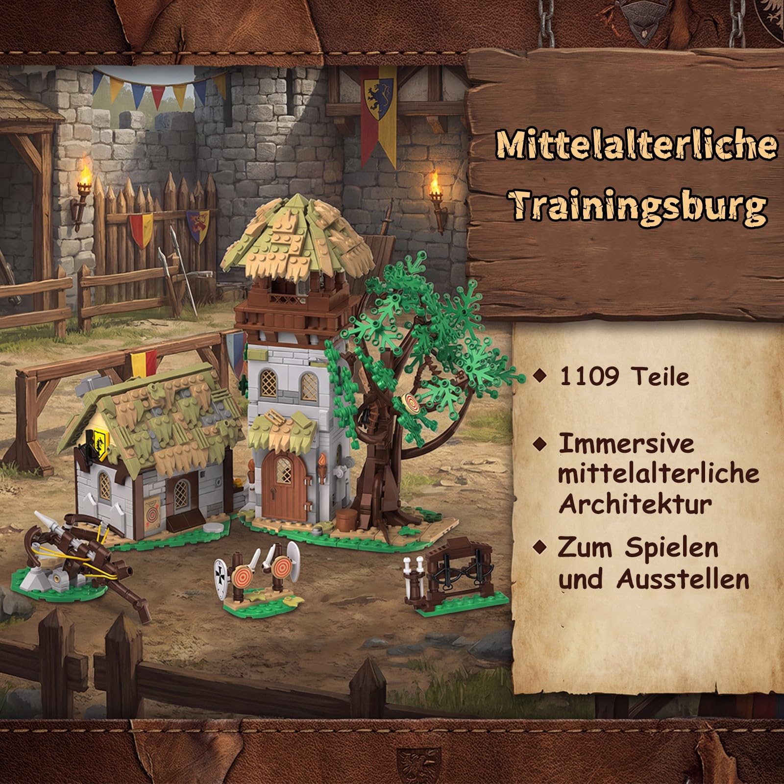 Greenwood Trainingsgelände Mittelalter Ritterburg Klemmbausteine Burg Modell, Retro Mittelalterliches Castle Modular Building für Erwachsene (1109 Teile)