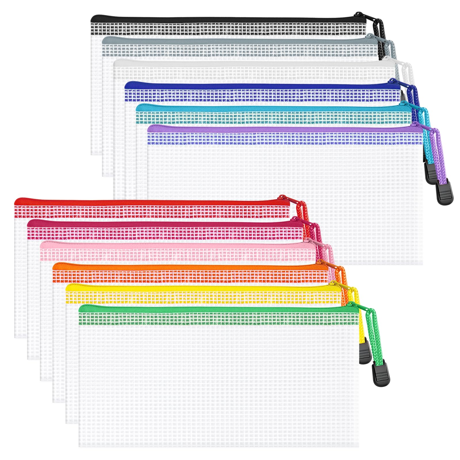 WISYOK 12pcs A6 Plastic Wallets Zip, Zip Lock Bags Mesh, Plastic Folders, Document Wallets, Zipper‌ Folders, Zipper File Bags for Office, School, Travel, Home (23.5×11.5cm,12 Colors)