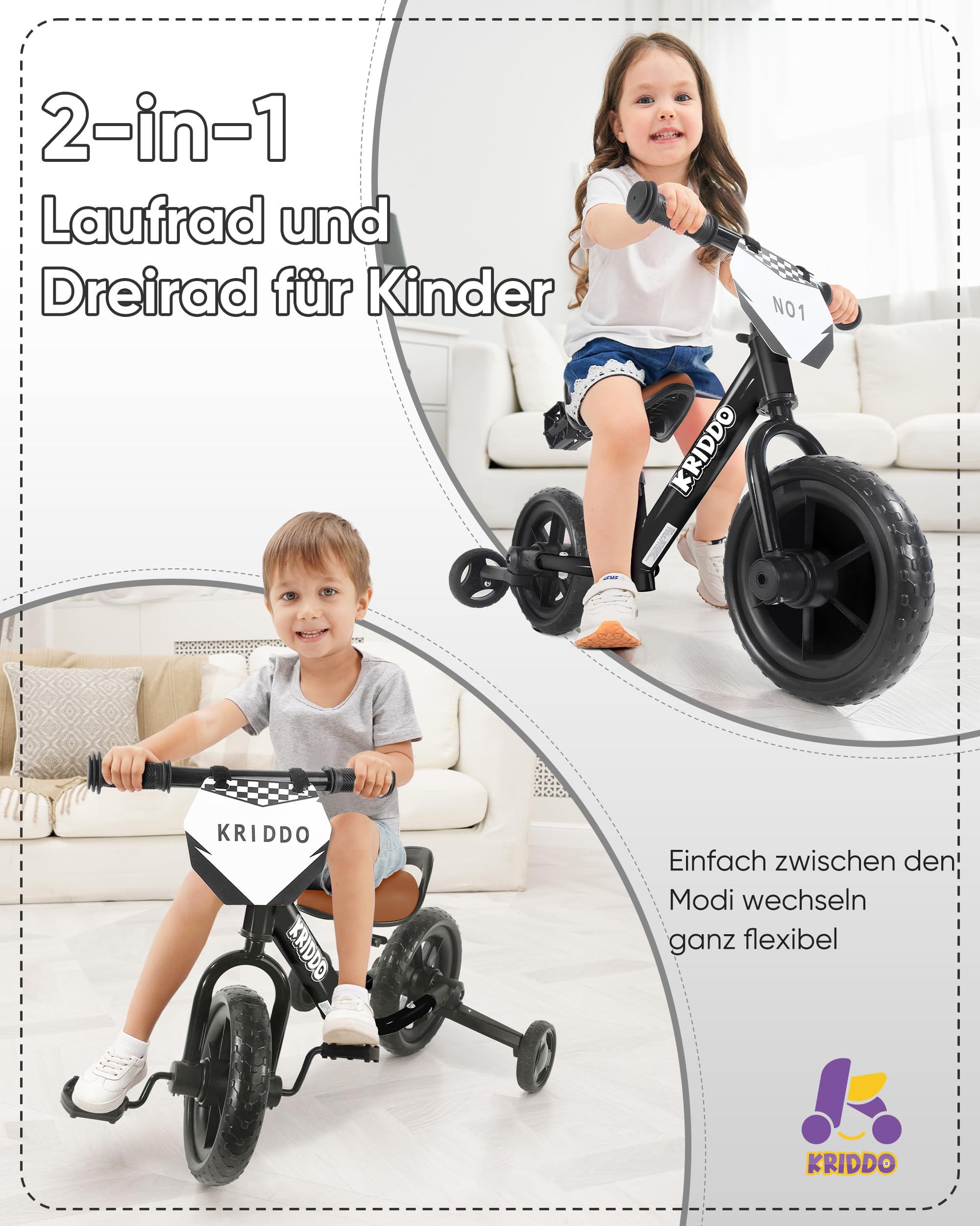KRIDDO 2-in-1 Dreirad und Kinder Laufrad für Kleinkinder ab 2 Jahren, abnehmbare Pedale und klappbare Stützräder, DIY-Schild, Fahrspaß für Kinder von 18 Monaten bis 3 Jahren