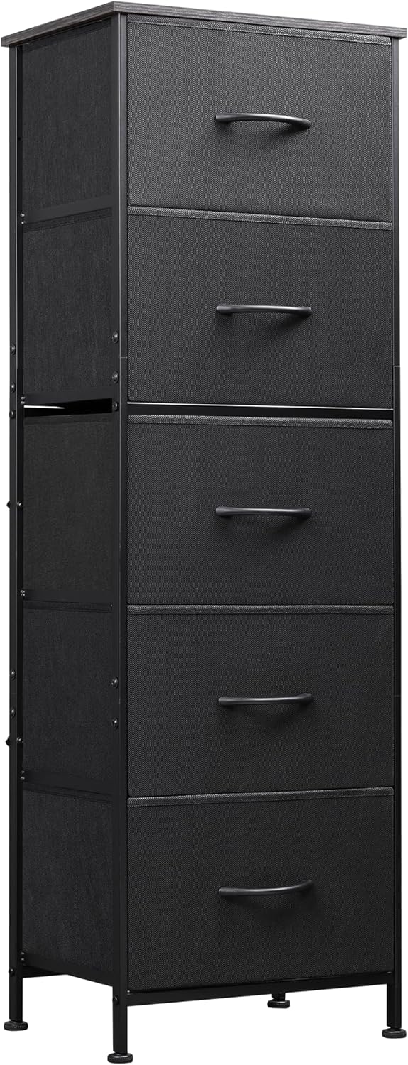 WLIVE Fabric Dresser, 5-Drawer Tall Dresser for Bedroom, Storage Organizer with Fabric Bins, Wood Top, Sturdy Steel Frame, Chest of Drawers for Closet, Hallway, Charcoal Black