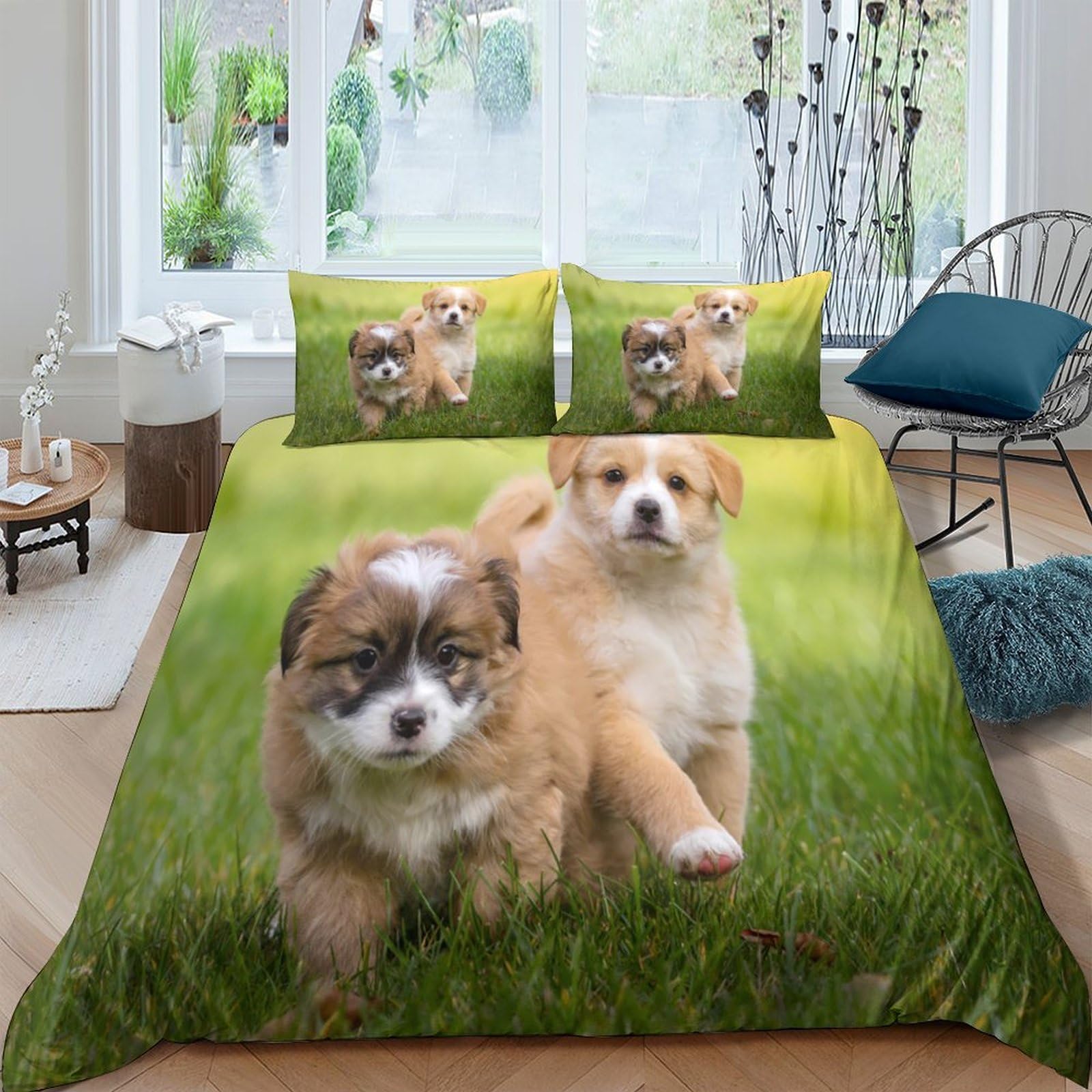 GPLZQXKJNH 3D Printed Cute Puppy Duvet Cover Microfiber Soft Breathable Grass Meadow Bedding Set with 2 Pillowcases for Bedroom Decor Single（135x200cm）