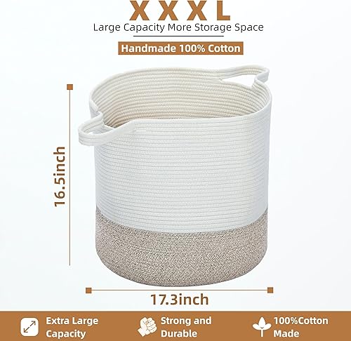 Miniatura 2 de Cesta de cuerda extra grande, cesta tejida para manta de bebé, cestas tejidas XXXL para guardería, cesta de almacenamiento de 17.3 x 17.3 x 16.5