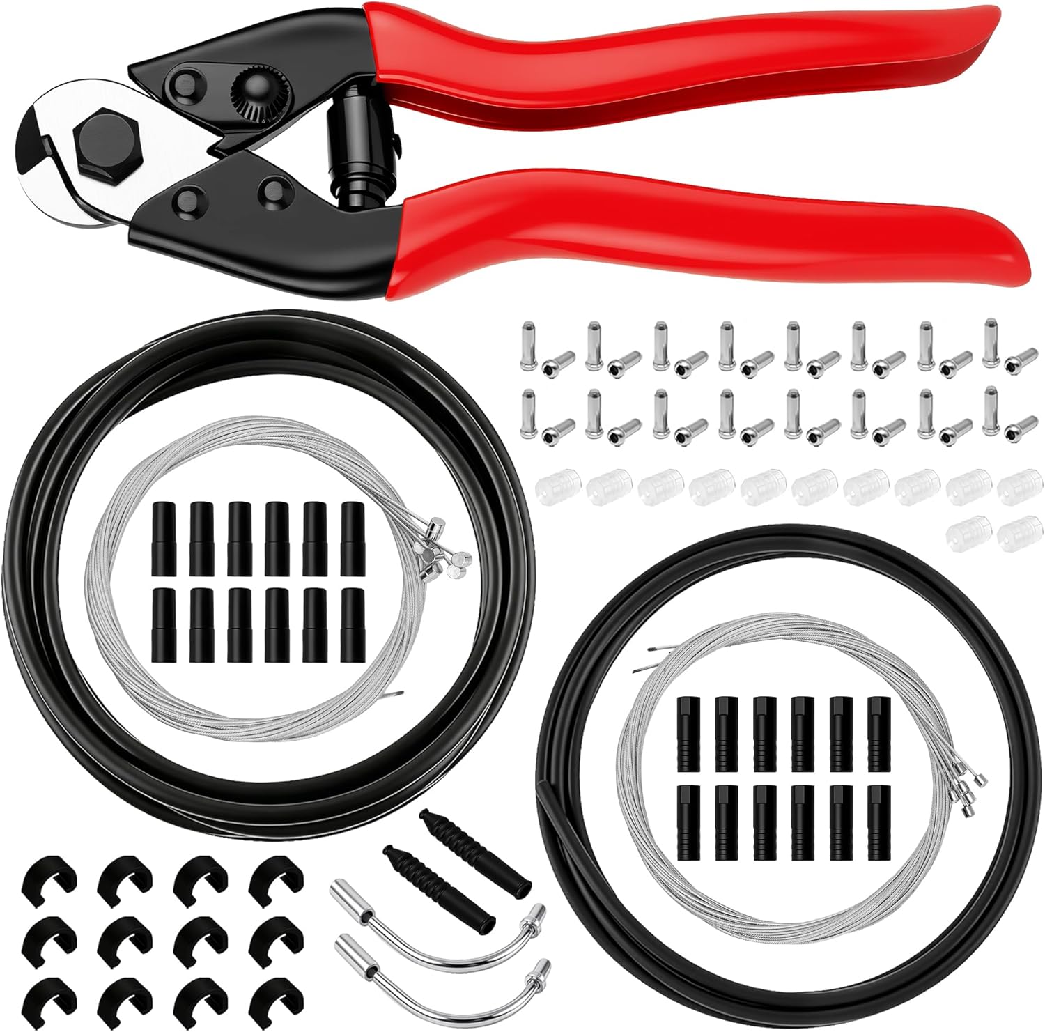 103Pcs Bike Brake Cable Kit with Stainless Steel Wire Cutter, Including Brake and Shifter Cable, Cable End Caps, O-Rings, C-Clips Clamps, Rubber Sleeve and V Brake Guide Inside