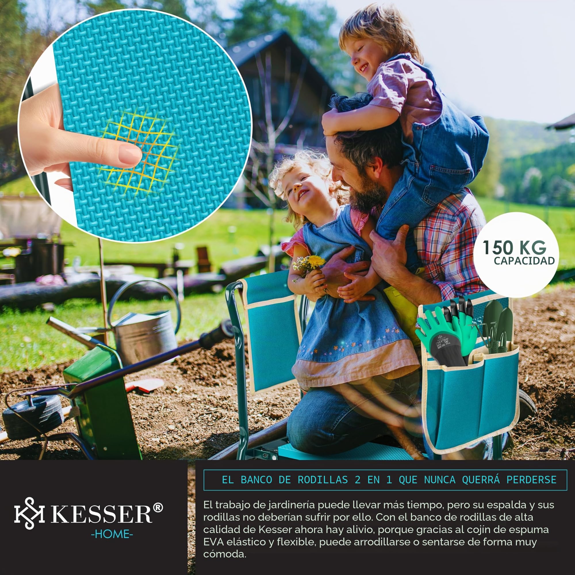 KESSER® 2 en 1 XXL - Banco para Rodillas para Trabajos de jardín, Acolchado de Espuma EVA, Plegable, Incluye 2 Bolsas de Herramientas, 60 x 50 x 27 cm, hasta 150 kg, Azul/Beige
