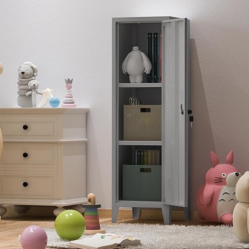 Miniatura 6 de MIOCASA Armario de metal para oficina en casa con puertas y estantes con cerradura de 3 puertas, organizador de archivadores para niños (gris)