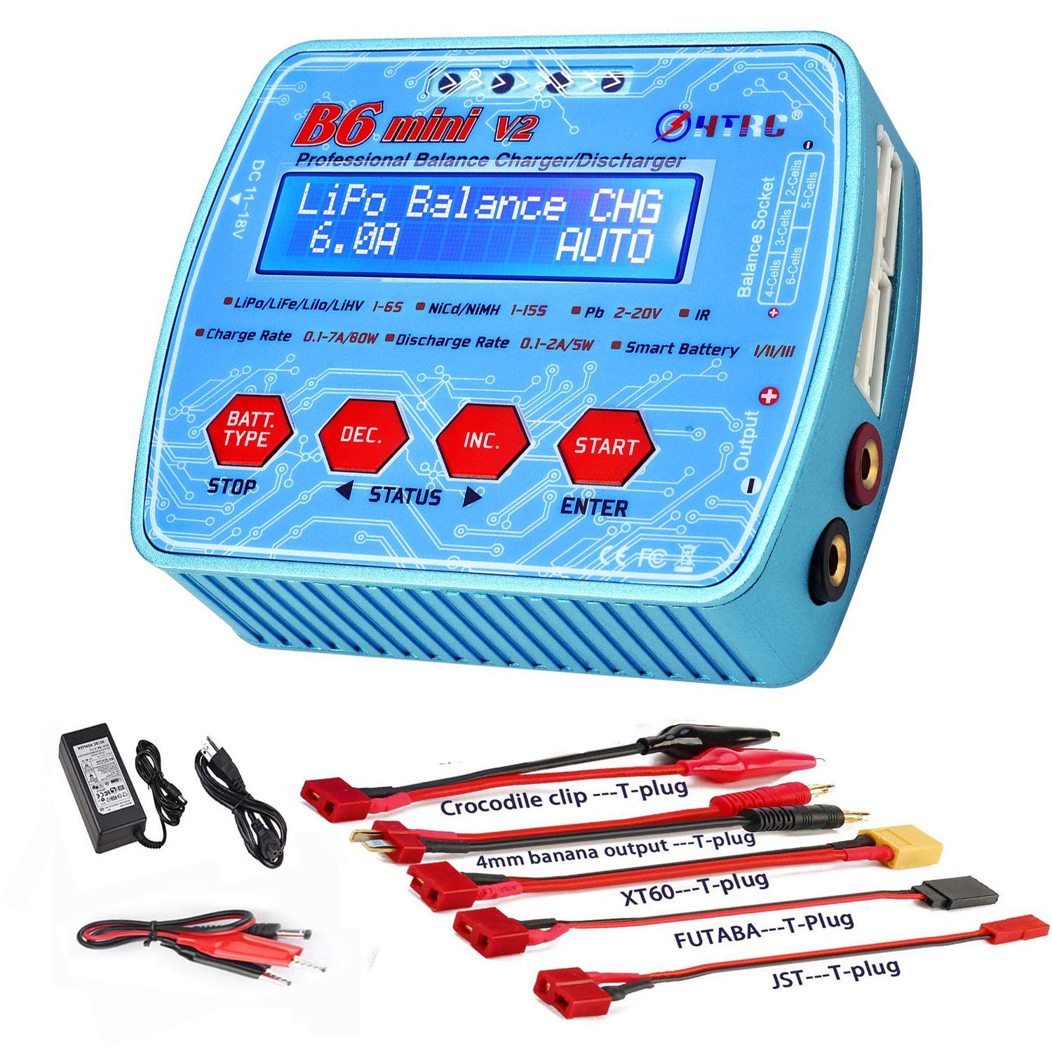 ICQUANZX LiPo Battery Charger, LiPo Charger 1-6S AC/DC Dual Power 80W 7A Digital B6Mini V2 RC Balance Discharger for Li-ion Life NiCd NiMH LiHV PB Smart Batteries+ Power Supply