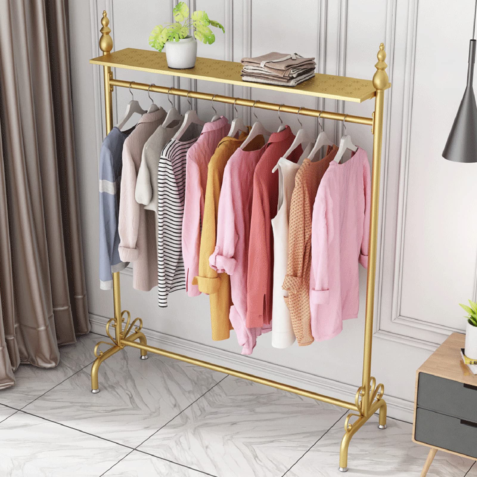 Perchero de hierro forjado resistente con estantes superiores, perchero ajustable para dormitorio y sala de estar, fácil montaje, perchero de riel individual (59 x 16 x 65 pulgadas)