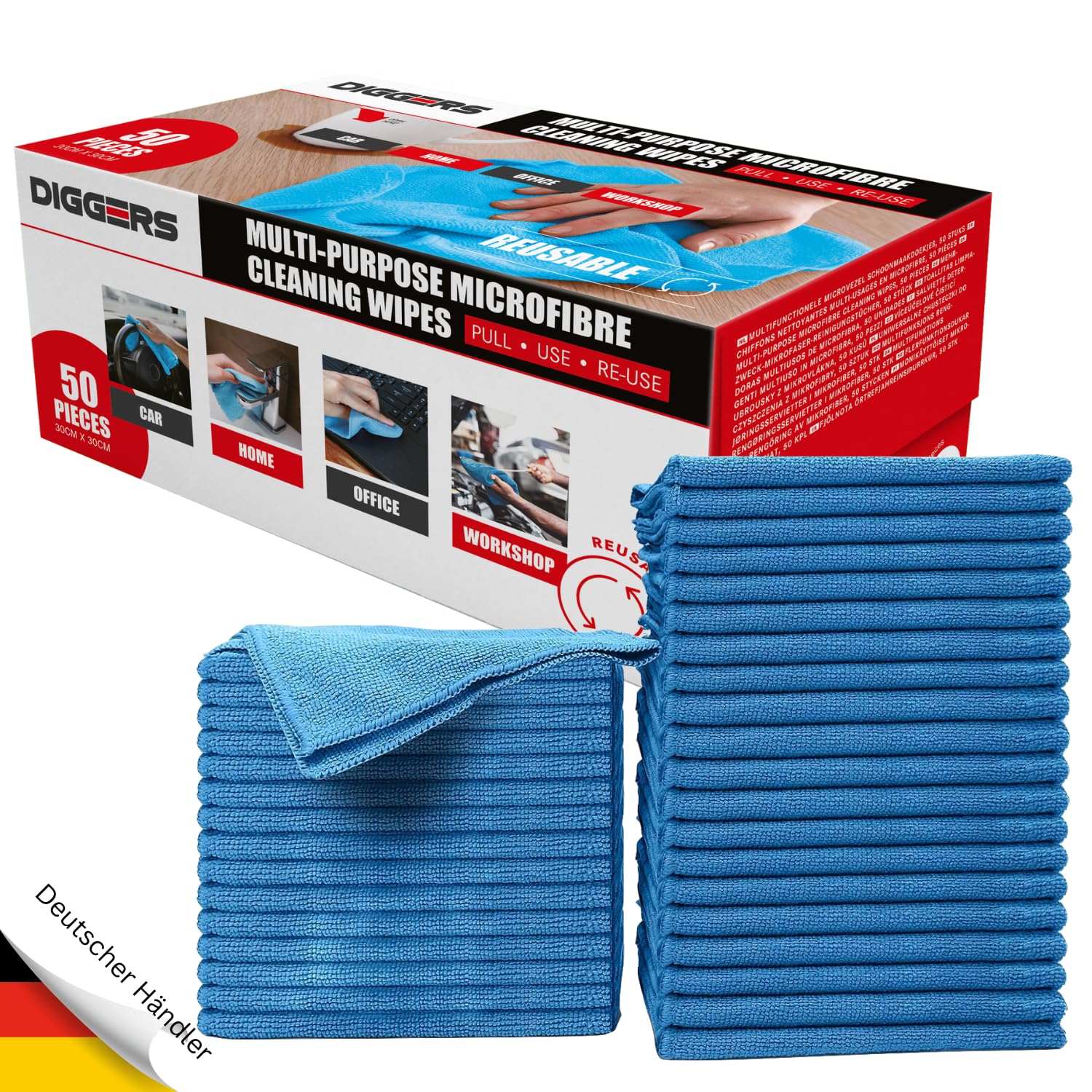 Diggers – Caja con 50 paños de microfibra profesionales – Toallitas de limpieza absorbentes en práctica caja de extracción
