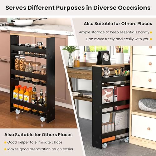 Miniatura 7 de Carrito de almacenamiento delgado de 4 niveles, organizador de estantería móvil con ruedas y asa, carrito utilitario rodante para cocina, baño,