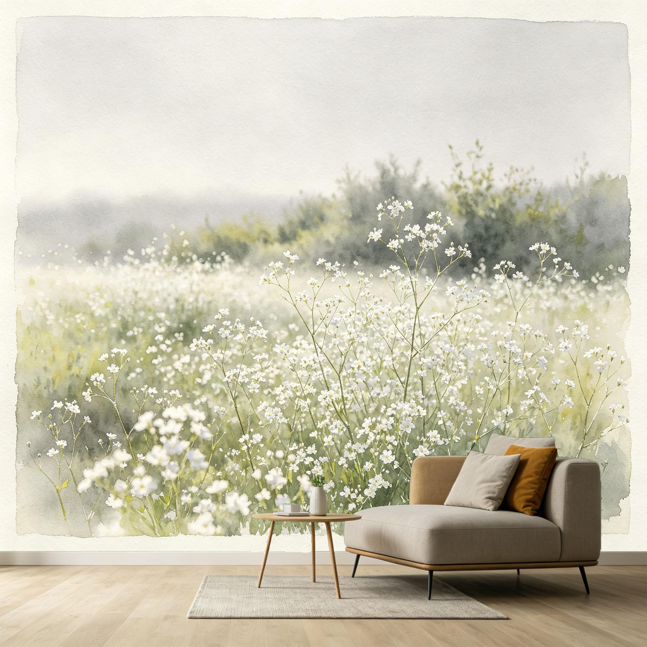 Custom Size Wall Murals Botanical Watercolor Wildflower Meadow Misty Field Self-Adhesive Wall Fabric Removable Wallpaper Wall for Living Room Bedroom Office Decor