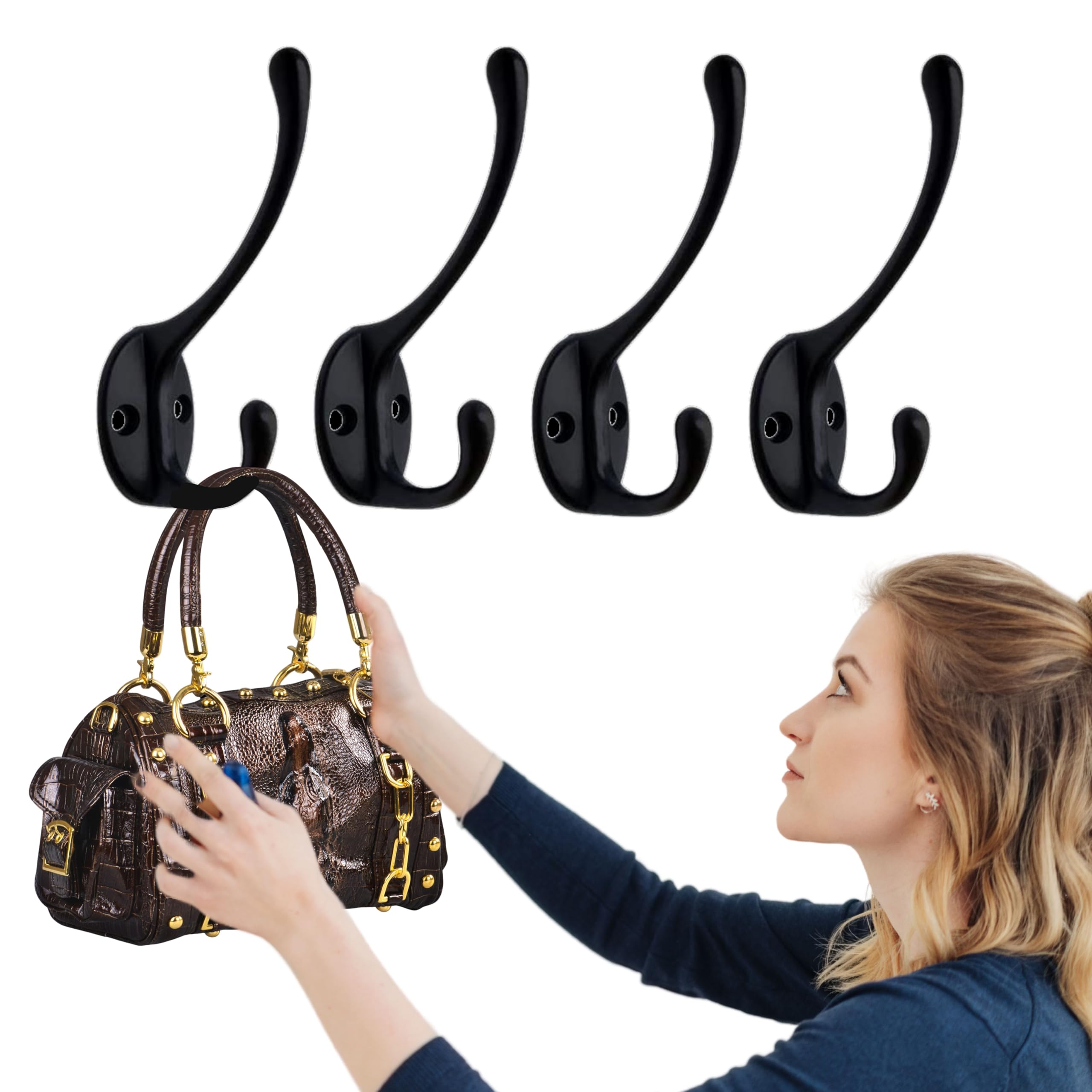 Storp® Front Heavy Duty Dual Coat Hooks Wall Mounted, Dual Prong Retrospective Double Utility Rustic Hooks for Coat, Scarf, Bag, Towel, Key, Cap, Cup, Hat (Black) Pack of 4 pc