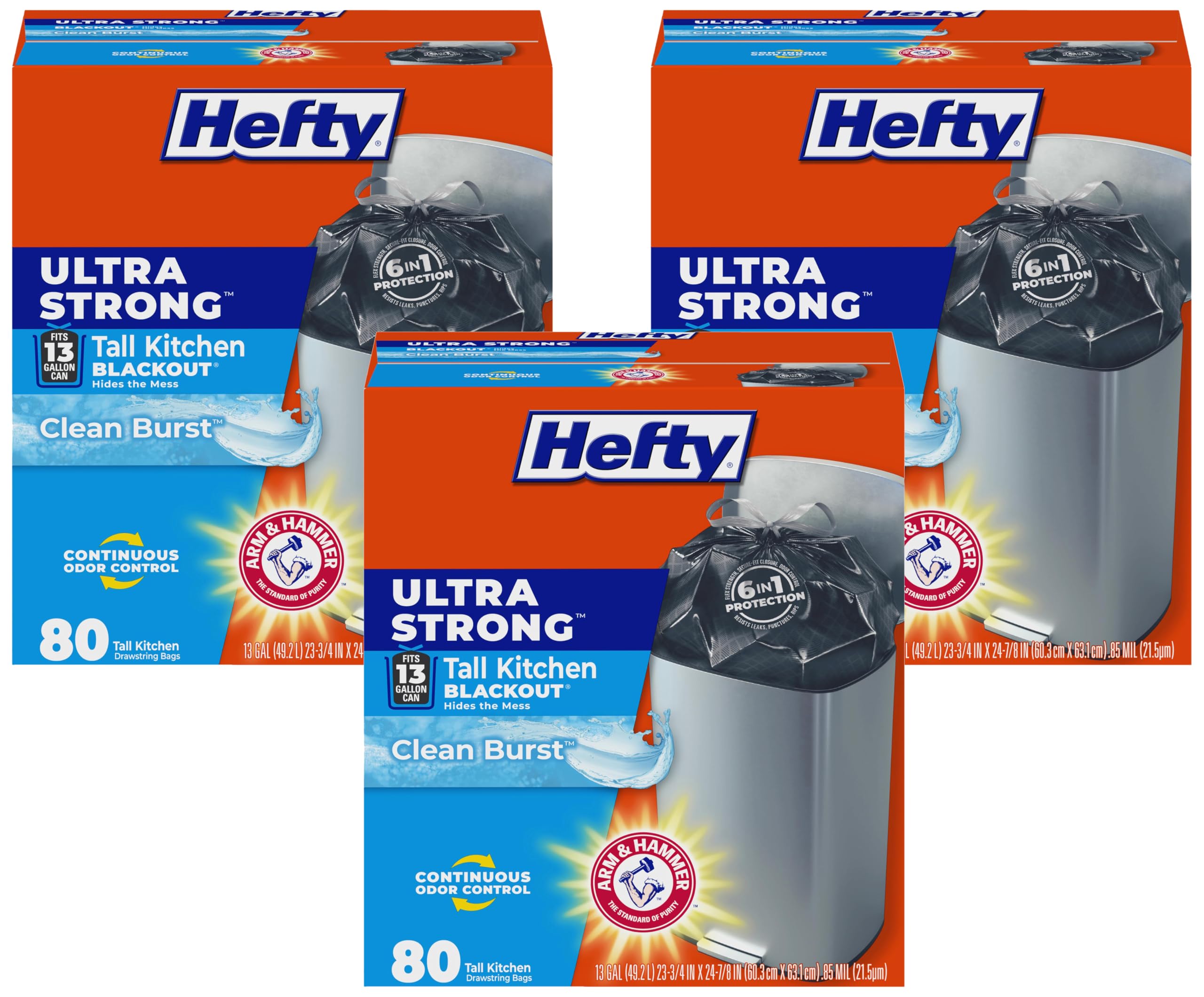 Hefty Trash Bags, 13 Gallon, Clean Burst | Ultra Strong | Tall Kitchen | Drawstring | 80 Count, Pack of 3