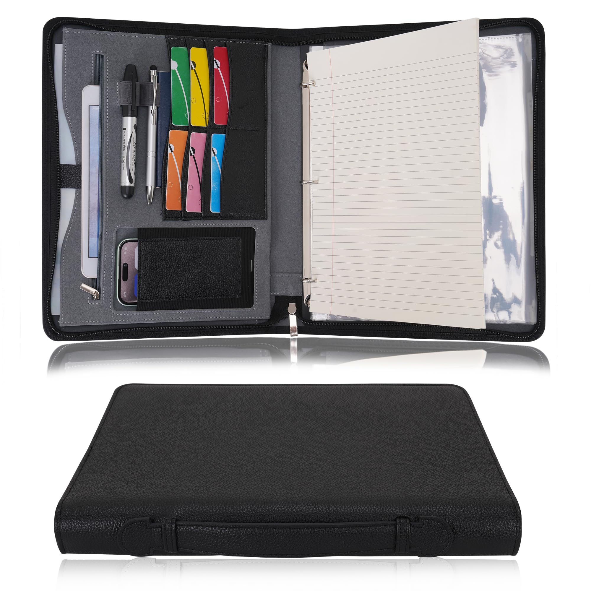 Wonderpool Travel Zippered Portfolio 3 Ring Binder A4 Padfolio Document Case with Removable Clipboard Legal Pad Holder