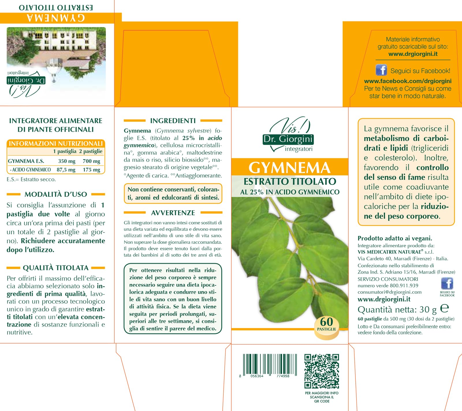 Dr. Giorgini Gymnema Estratto Titolato al 25% in Acido Gymnemico Pastiglie - 30 g (integratore du gymnema, utile per il controllo del senso di fame)