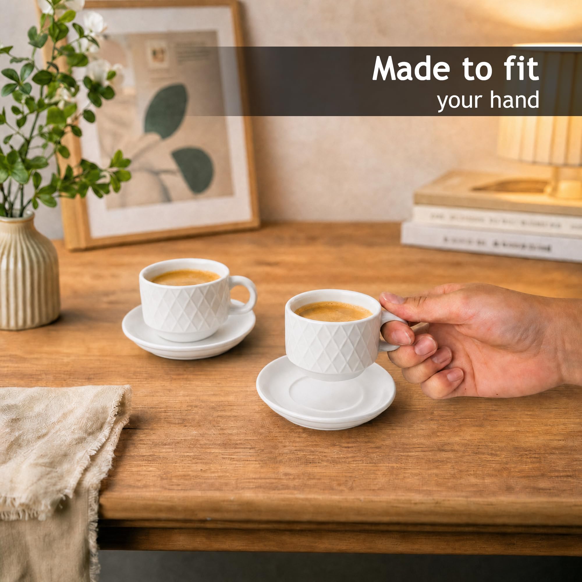 MIAMIO - Set de 6 Tazas Espresso 75 ml con Soporte Cerámica Gres – Tazas Pequeñas para Espresso – Juego Moderno en Blanco – Colección Palmanova, Apta Lavavajillas | Con soporte, apto para lavavajillas, microondas y frigorífico, 6 tazas