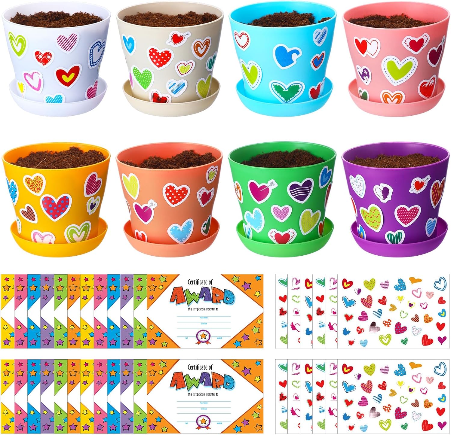 Domensi 30 Pack Spring Crafts for Kids Bulk DIY Flower Pots 4 Inch Plastic Garden Plant Pots Planters with Tray Drainage Holes with 458 Stickers 30 Certificates Cards to Decorate(Multicolored)