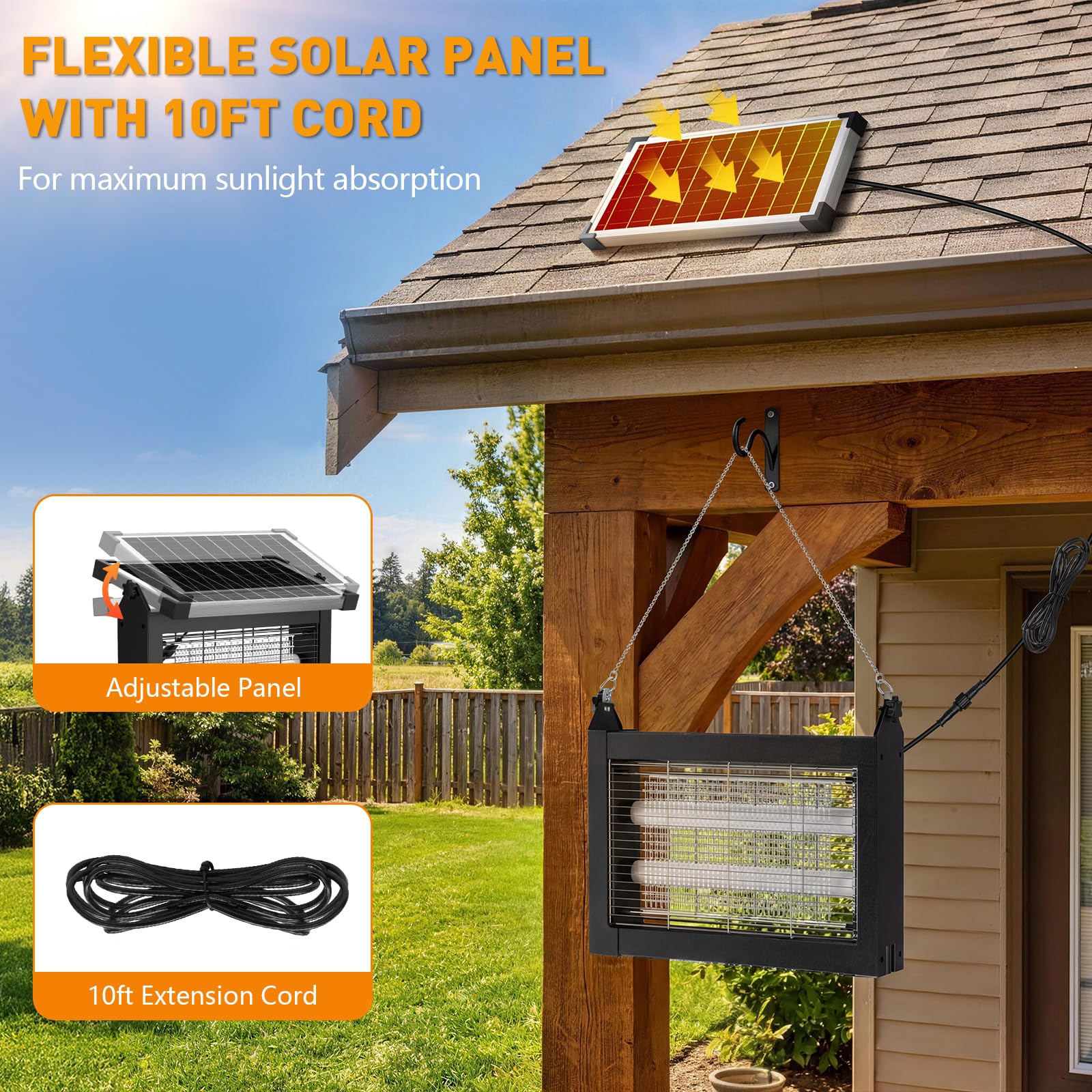 Eliminador solar de insectos para exteriores, 4500 V, solar, para exteriores e interiores, cobertura de 1/2 acre, inalámbrico recargable, eléctrico, trampas para mosquitos IPX5 impermeables para patio