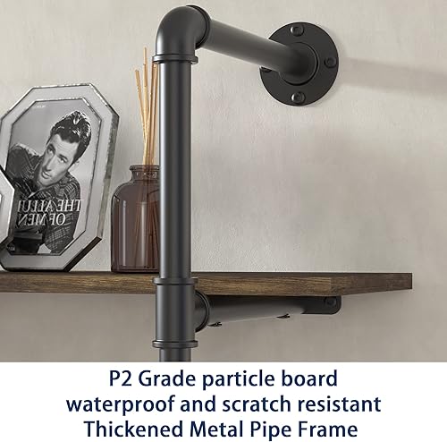 Miniatura 6 de Gezen Estantería industrial de tubería flotante de metal, estantería de escalera de madera rústica, estante montado en la pared, estantería de