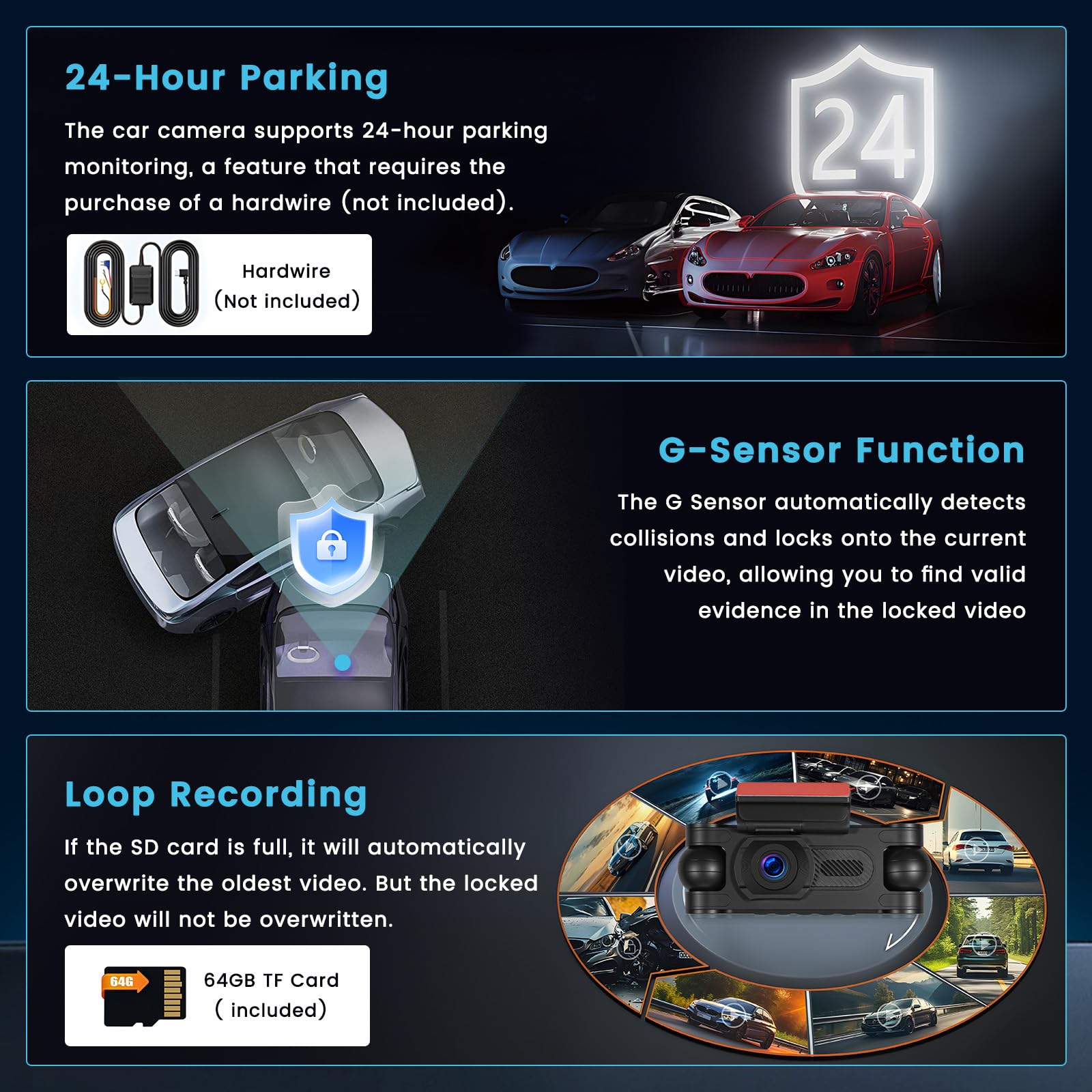 Inefala 2K WiFi 4-kanałowa kamera samochodowa Dash Cam, 2K przedni i tylny przedni 1080P wewnętrzny lewy i prawy kamera samochodowa z kartą 64 GB, nagrywanie w pętli, czujnik G