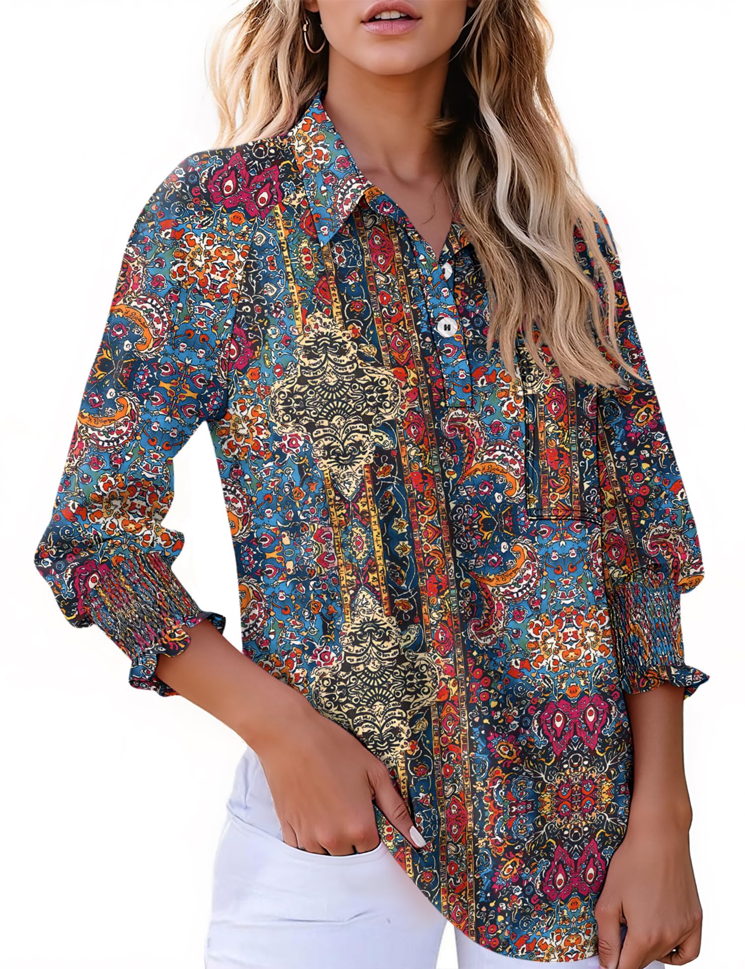 Kistore Womens Button Down Shirts 3/4 Sleeve Smocked Cuffed Business Work Tunic Top with Pocket Collared Blouses