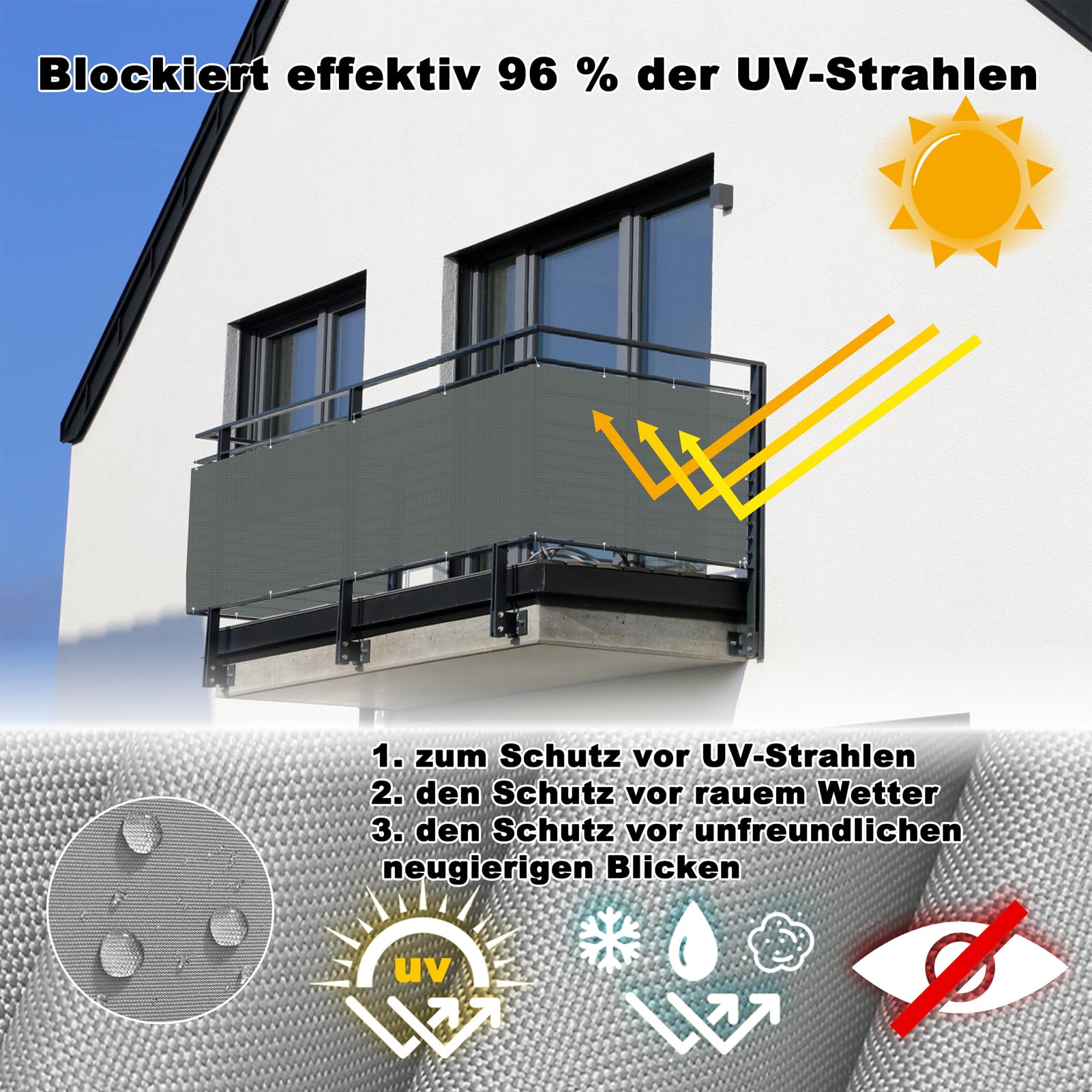 Balkon Sichtschutz 0.75 x 10m, UV-fest, Witterungsbeständig, 100% Blickdicht, (in div. Größen & Farben) - Seitenbalkonverkleidung für Terrasse und Zaun, Anthrazit