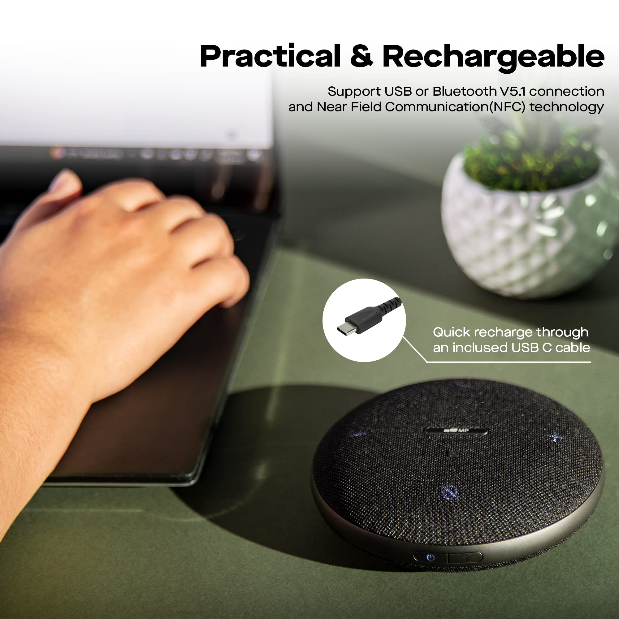 MP Mobile Pixels - Altavoces Bluetooth para conferencias con 4 micrófonos, pastilla de voz omnidireccional de 13 pies, USB-C Plug & Play, reducción de ruido, compatible con Zoom/Teams/Skype/Google