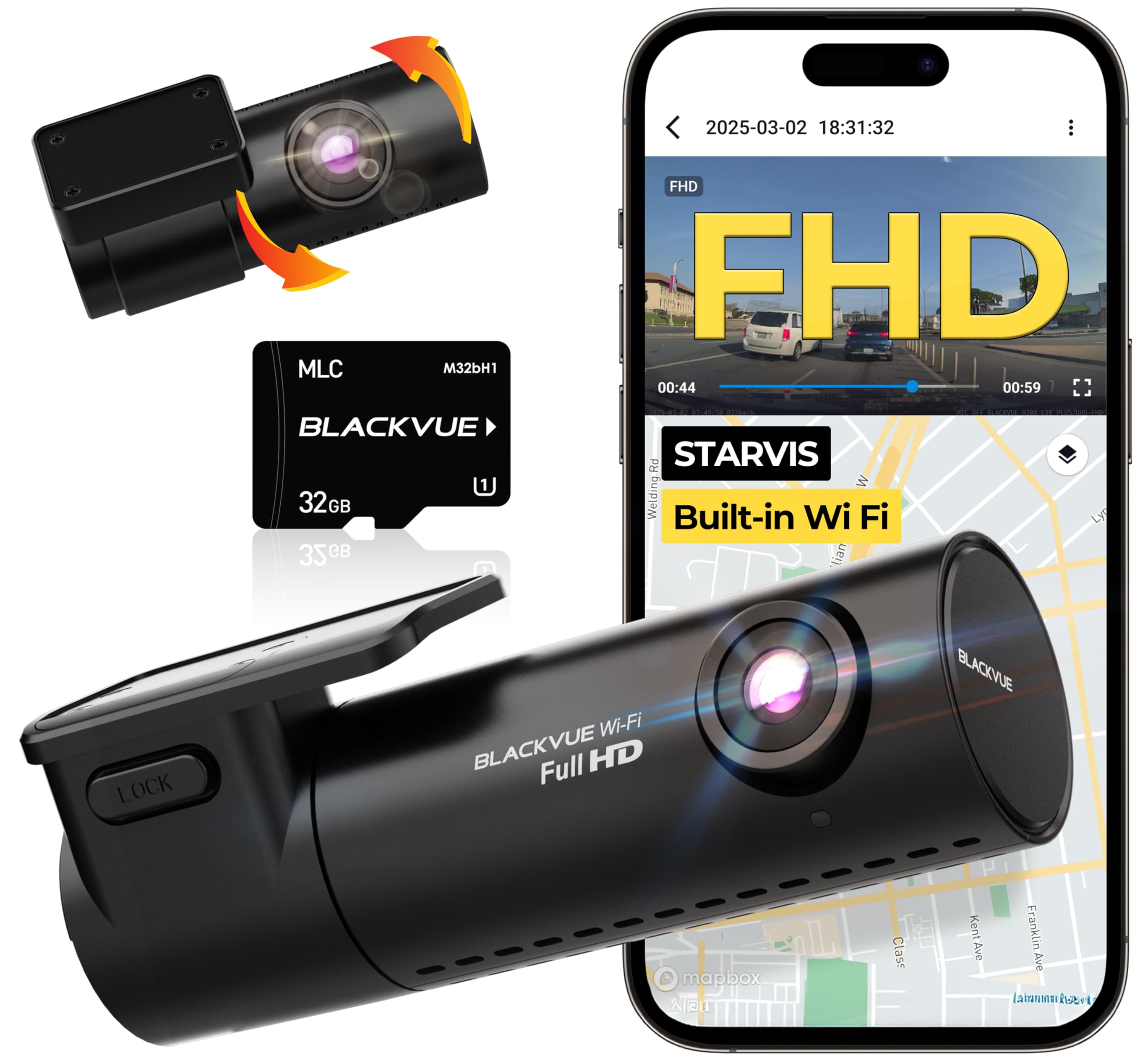 BlackVue DR590X-2CH Plus with 32GB microSD Card | Simple Full HD Wi-Fi Dashcam, Parking Mode Support (Kit Included), Front and Rear Camera, BlackVue App Support for Video Transfer | Made in Korea