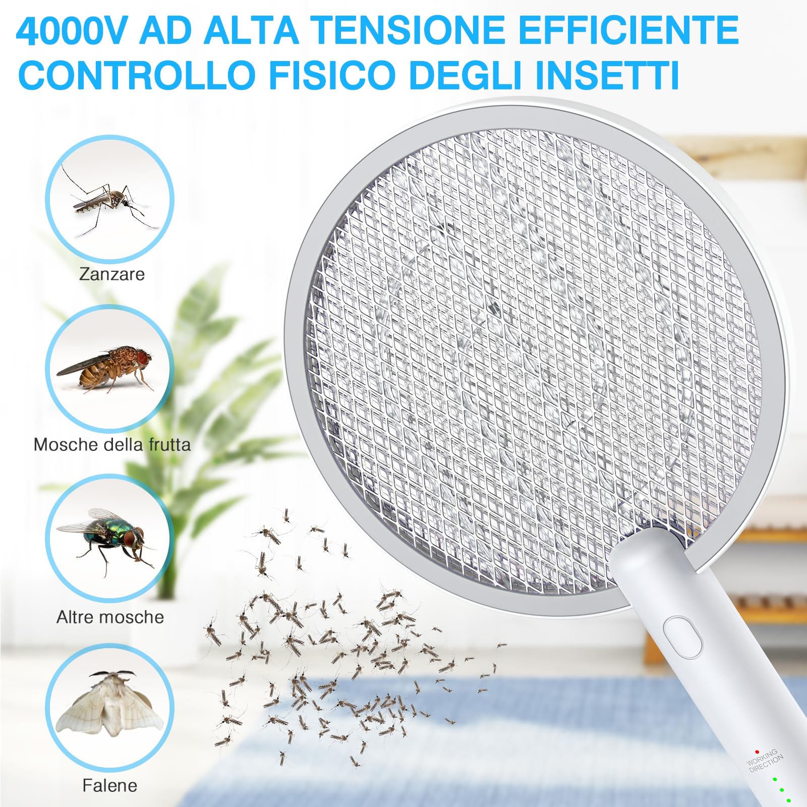 PALONE Racchetta Zanzare Elettrica, 4000V con USB Ricaricabile LED 2-In-1 Racchetta Zanzare Elettrico, Protezione Maglia a 3 Strati, Adatto per Casa Giardino Campeggio Interni ed Esterni - Bianco